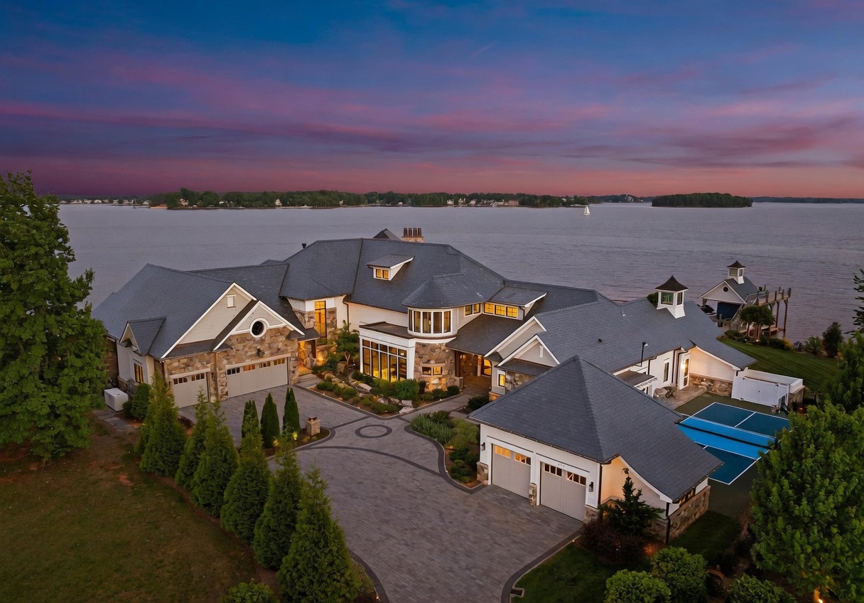 This expansive aerial view captures a luxurious waterfront estate at sunset, showcasing a sprawling multi-gabled residence with stone and siding accents. The property features a large paved motor court, a private pickleball court, and a dedicated boat dock extending into the calm lake. The dramatic twilight sky provides a stunning backdrop for this high-end home, emphasizing its prime location and sophisticated architectural design.