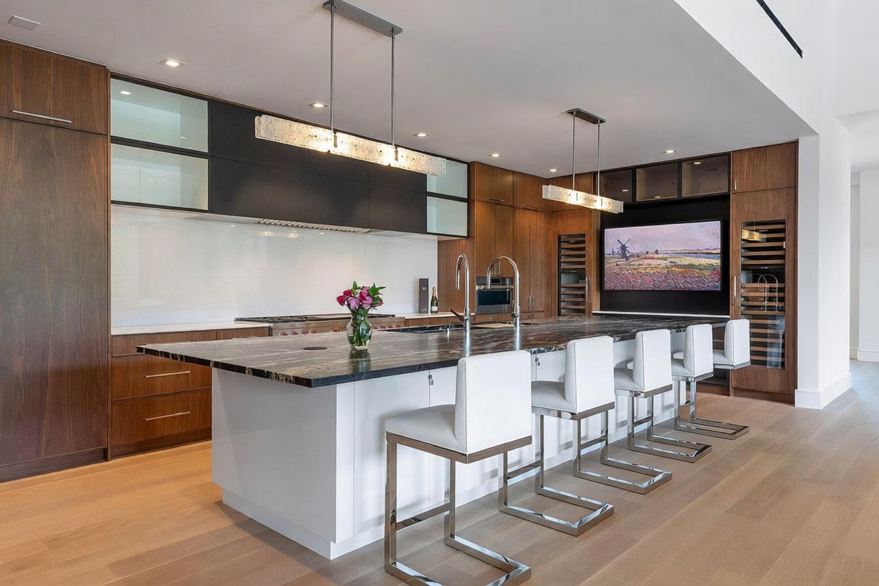 This modern, high-end kitchen features a large central island with a dark stone countertop and seating for four, illuminated by a sleek linear pendant light. The space showcases a sophisticated contrast between dark cabinetry and warm-toned wood paneling, complemented by light wood flooring. A television is mounted on the wall above a wine refrigerator, creating a seamless blend of culinary and entertainment functionality.
