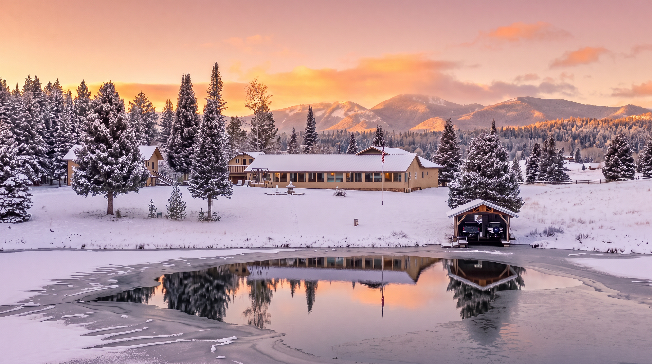 This scenic property features a expansive ranch-style house set against a beautiful snowy mountain backdrop. The home is situated next to a serene, partially frozen pond with a dedicated boat or storage dock, creating a tranquil and picturesque landscape. The snow-dusted pine trees and soft morning lighting enhance the peaceful, rustic atmosphere of this estate.
