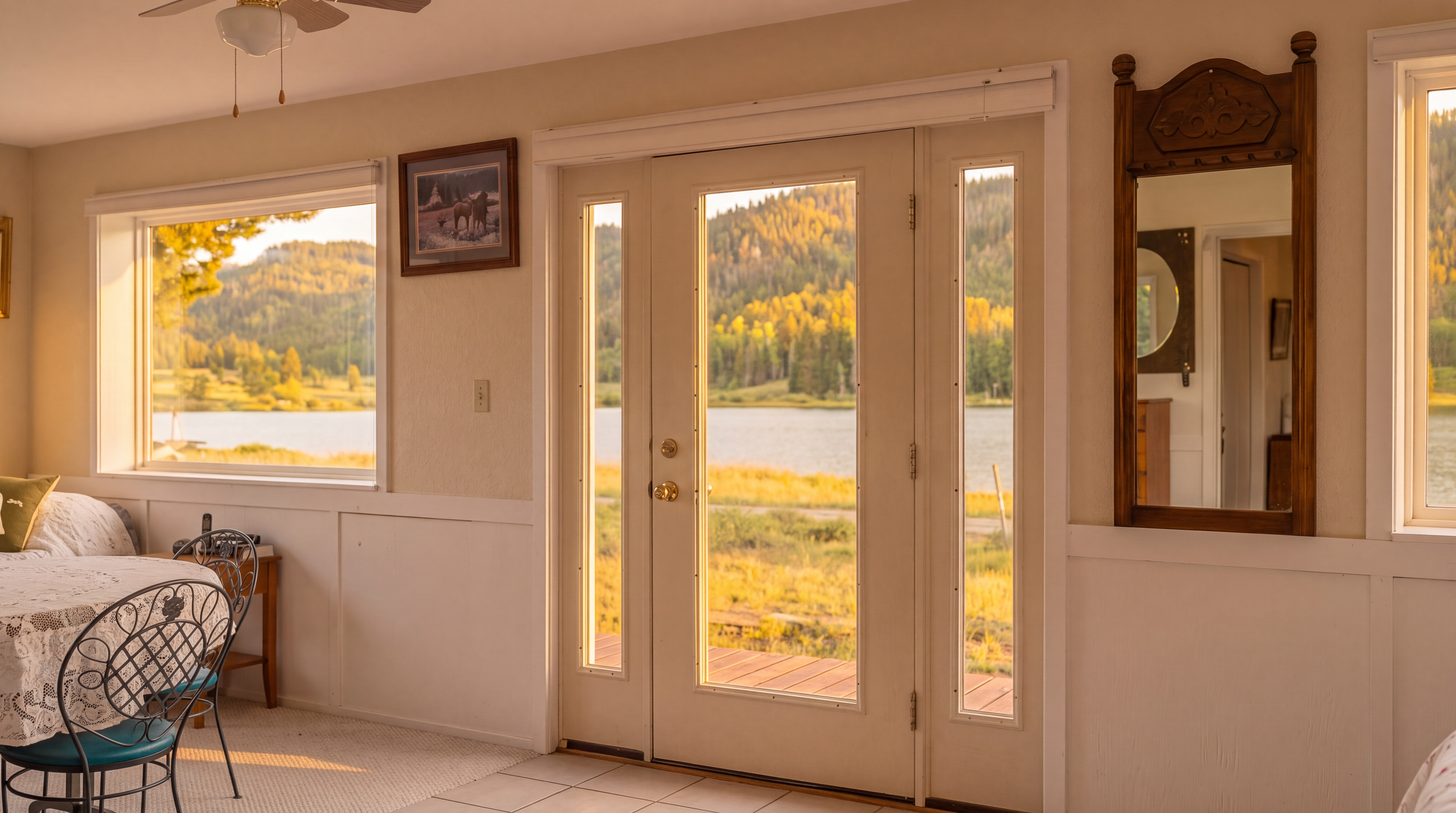 This cozy dining area features a table with a decorative lace tablecloth and wrought iron chairs, set against a backdrop of stunning lake and mountain views visible through a large window and glass-paneled door. The space is warmed by the golden glow of the late afternoon sun, complemented by traditional decor including a framed nature print and a rustic wooden wall mirror. It provides a peaceful, inviting atmosphere perfect for enjoying the scenic, natural surroundings.