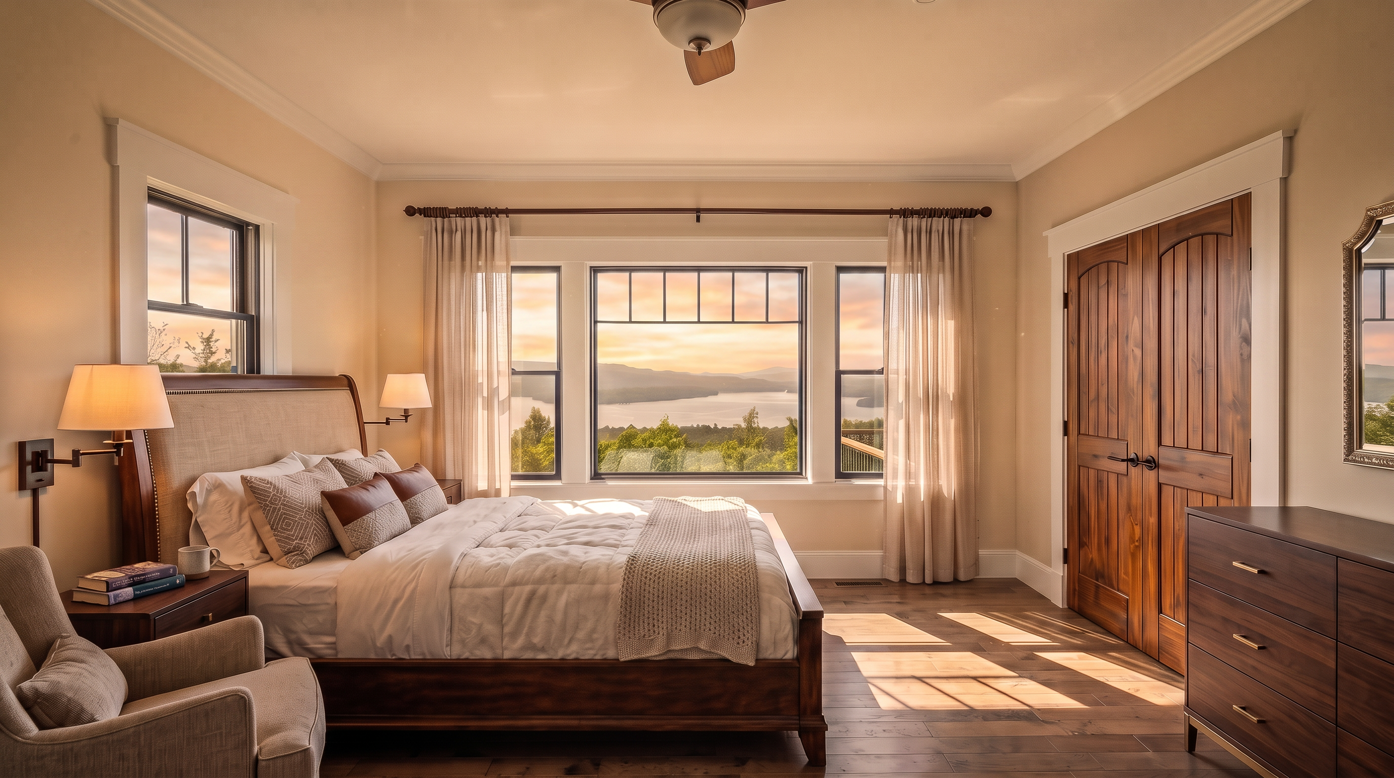This spacious, empty room features warm-toned hardwood floors, light neutral wall paint, and elegant white trim. The focal point is a large triple-window configuration that showcases a stunning, expansive view of a lake and mountainous landscape. With its clean lines and rich wooden double doors, the room presents a serene and refined atmosphere, ready to be furnished as a primary suite.