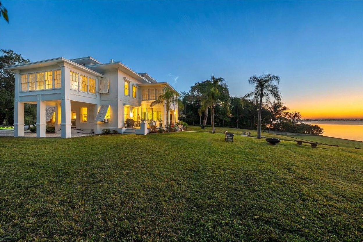 This expansive rear view of a multi-story white estate showcases a classic architectural style with large windows and a spacious covered patio area. The property sits on a vast, manicured lawn that slopes gently toward a serene waterfront at sunset, framed by mature palm trees. The warm, golden light of the setting sun reflects off the water, creating a tranquil and luxurious atmosphere.