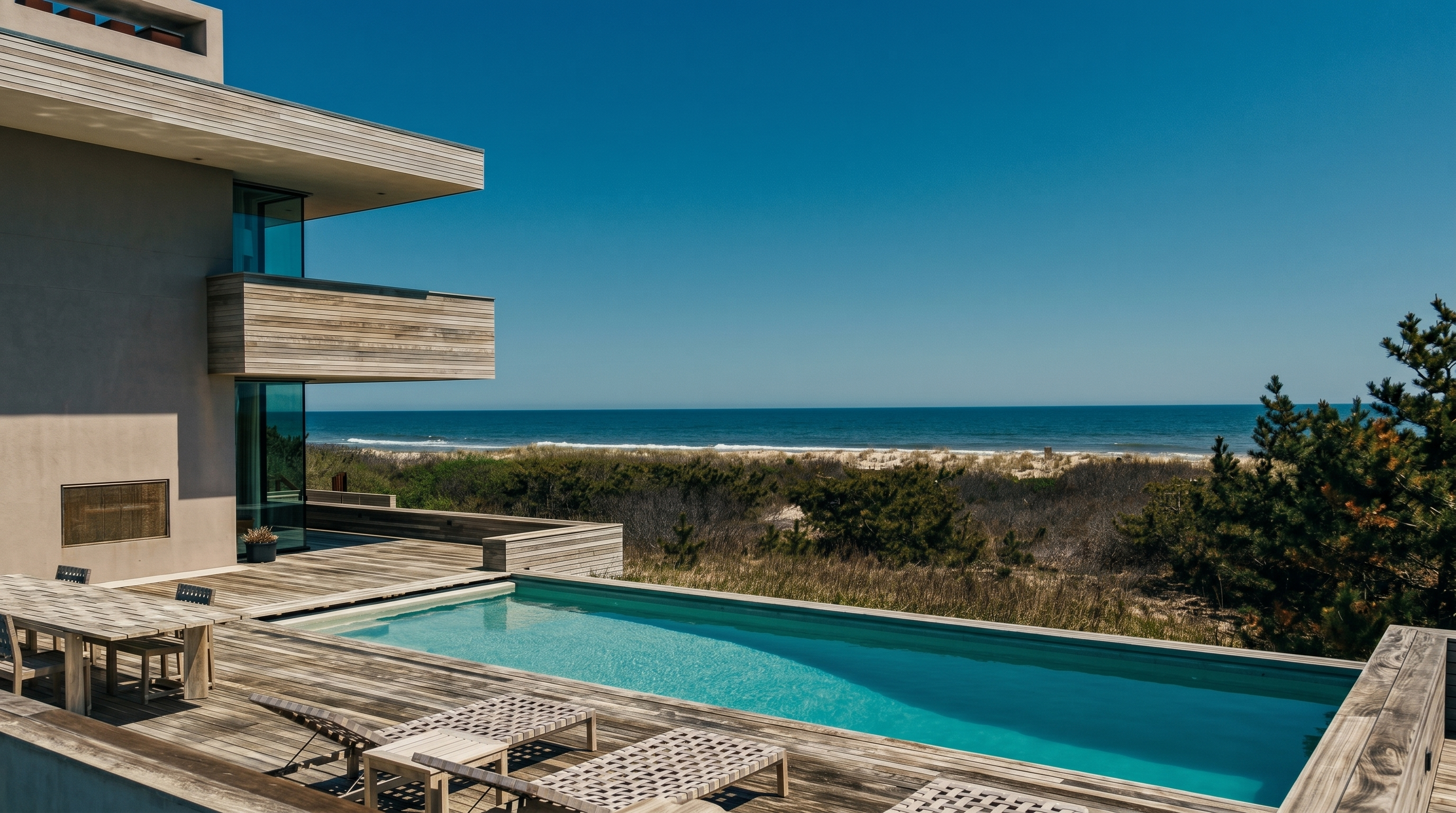 This modern coastal residence features a sleek, multi-level architectural design with light wood siding and expansive glass walls. A rectangular swimming pool sits prominently on the wooden deck, which overlooks a natural dune landscape and the open ocean beyond. The scene captures a serene, high-end outdoor living space bathed in bright, clear daylight.