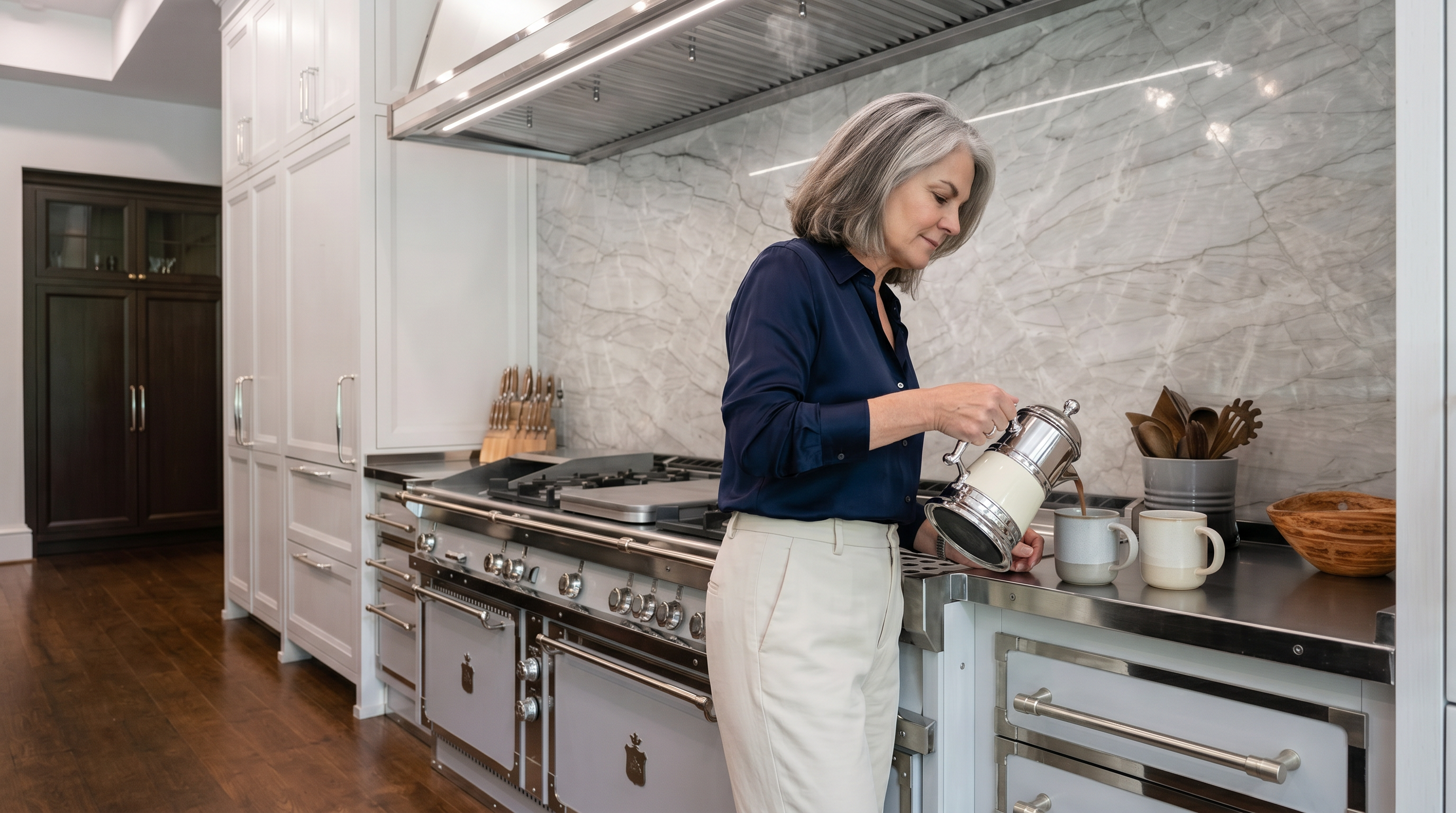This high-end kitchen features a professional-grade range with a large stainless steel hood and a striking stone backsplash with prominent veining. The cabinetry is finished in a light, neutral tone, complemented by dark wood flooring and a separate dark-toned pantry cabinet in the background. The perspective is a low-angle, eye-level shot that emphasizes the scale and luxury of the cooking area.