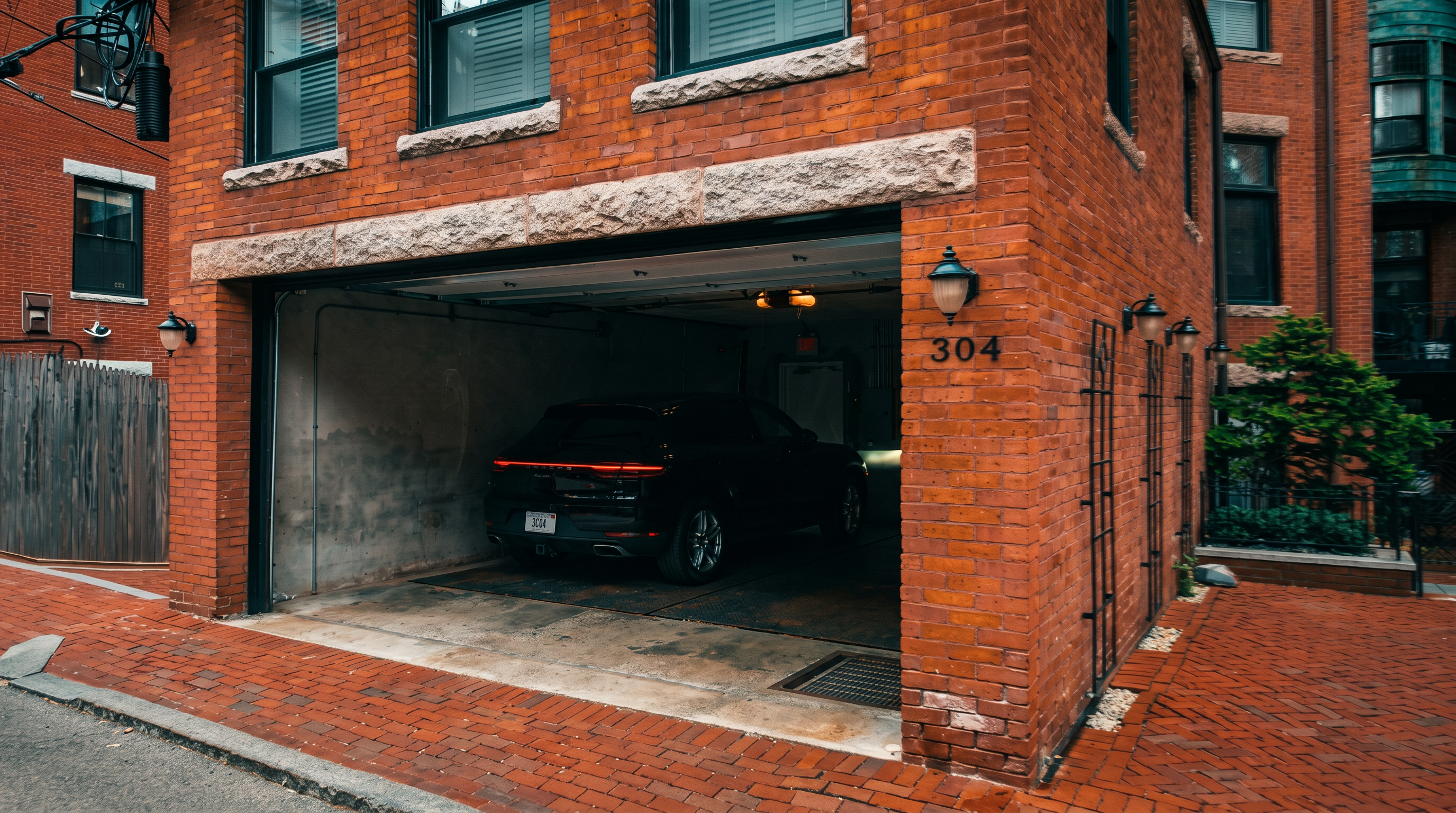 This image captures the street-level view of a brick-clad building featuring an open garage bay that houses a dark-colored SUV. The structure is characterized by its classic red brick facade, stone lintels, and a prominent house number '304' mounted on the wall. The perspective is from the street, highlighting the transition from the brick-paved road into the private parking space.