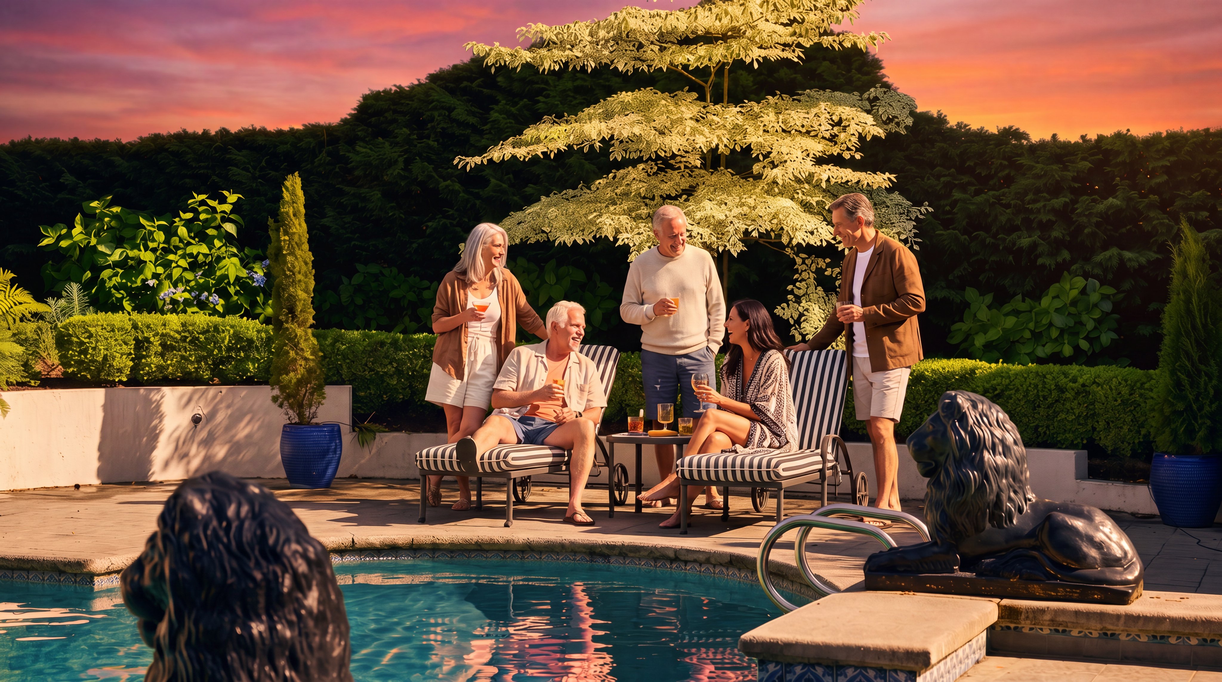 This outdoor space features a sparkling blue swimming pool and an adjacent spa, accented by two decorative lion statues positioned on the stone coping. Two striped lounge chairs sit on the concrete patio, framed by a manicured hedge and a striking variegated tree. The scene offers a serene and luxurious backyard retreat, captured from a low-angle perspective that emphasizes the pool's inviting water.