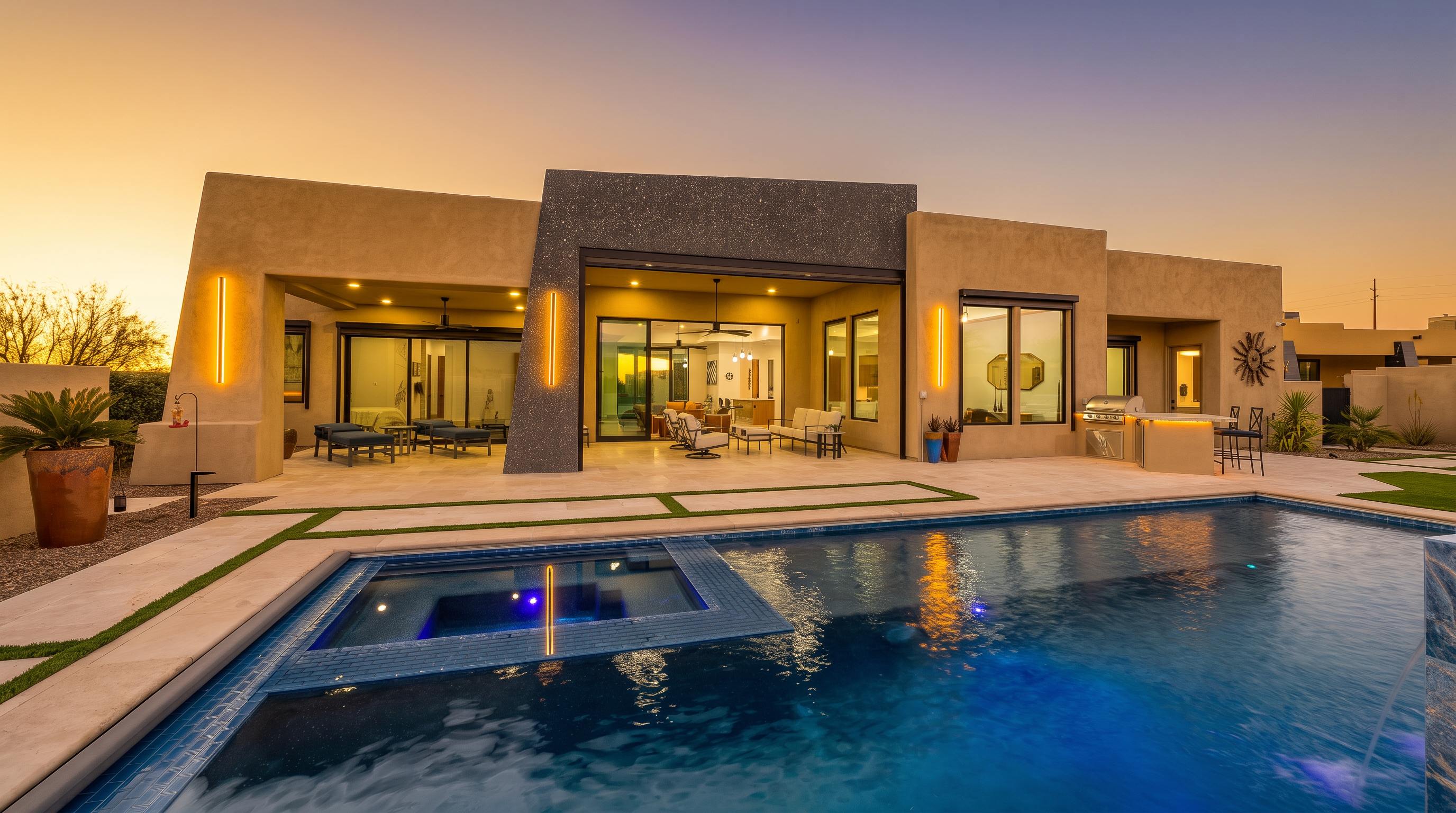 This stunning contemporary residence features a spacious covered patio that seamlessly transitions into a resort-style pool and spa area. The exterior showcases a modern architectural design with earthy stucco tones, accented by a dark, textured central feature wall and warm vertical lighting. The scene is captured at twilight, highlighting the inviting glow of the interior living spaces and the tranquil blue water of the pool.