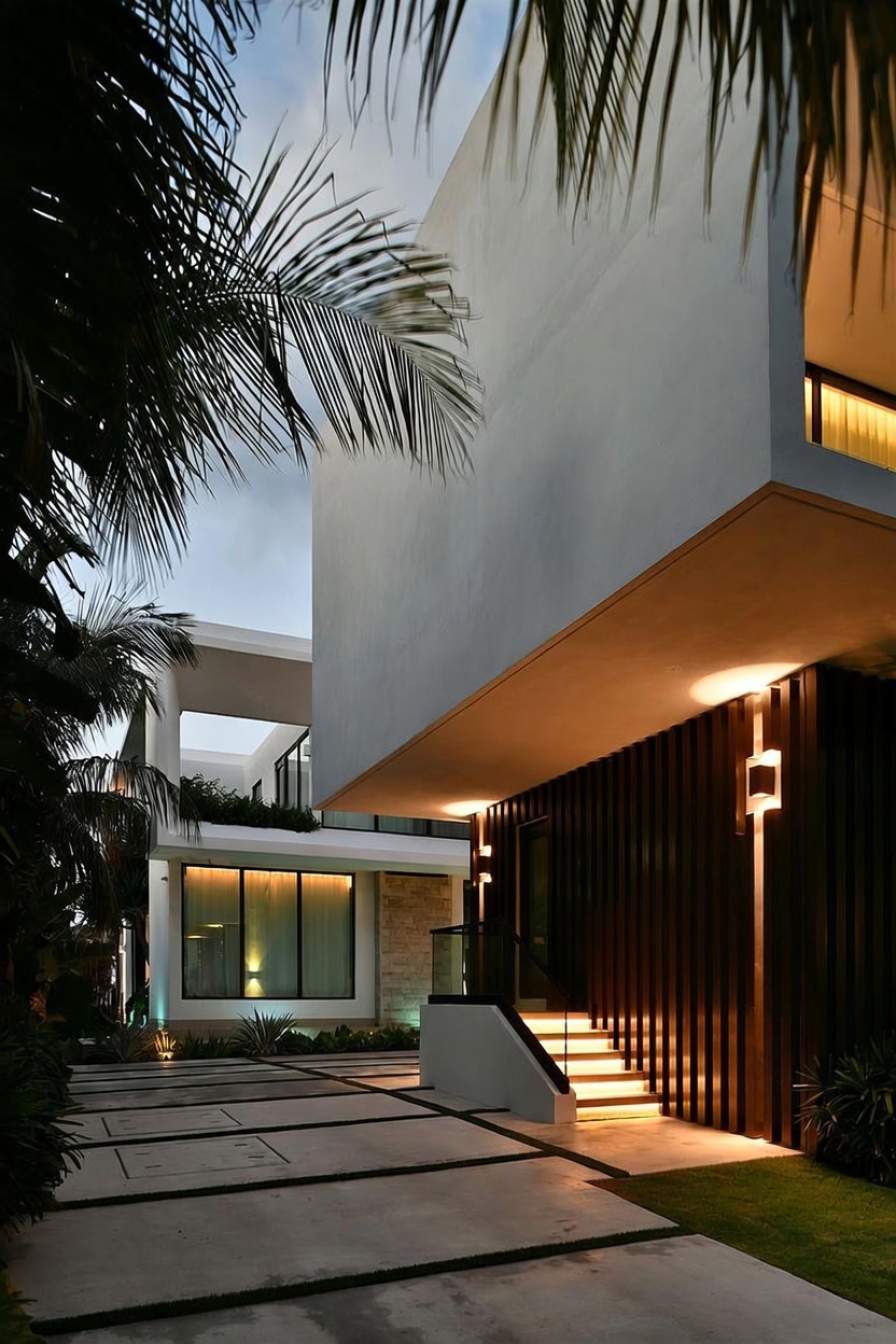 This striking modern residence features a dramatic cantilevered upper level and a sophisticated entryway illuminated by warm, recessed lighting. The exterior is defined by a combination of smooth, light-toned surfaces and dark, vertical slat paneling, creating a bold architectural contrast. A set of illuminated stairs leads to the entrance, set against a backdrop of lush palm trees and a paved driveway with integrated landscaping.