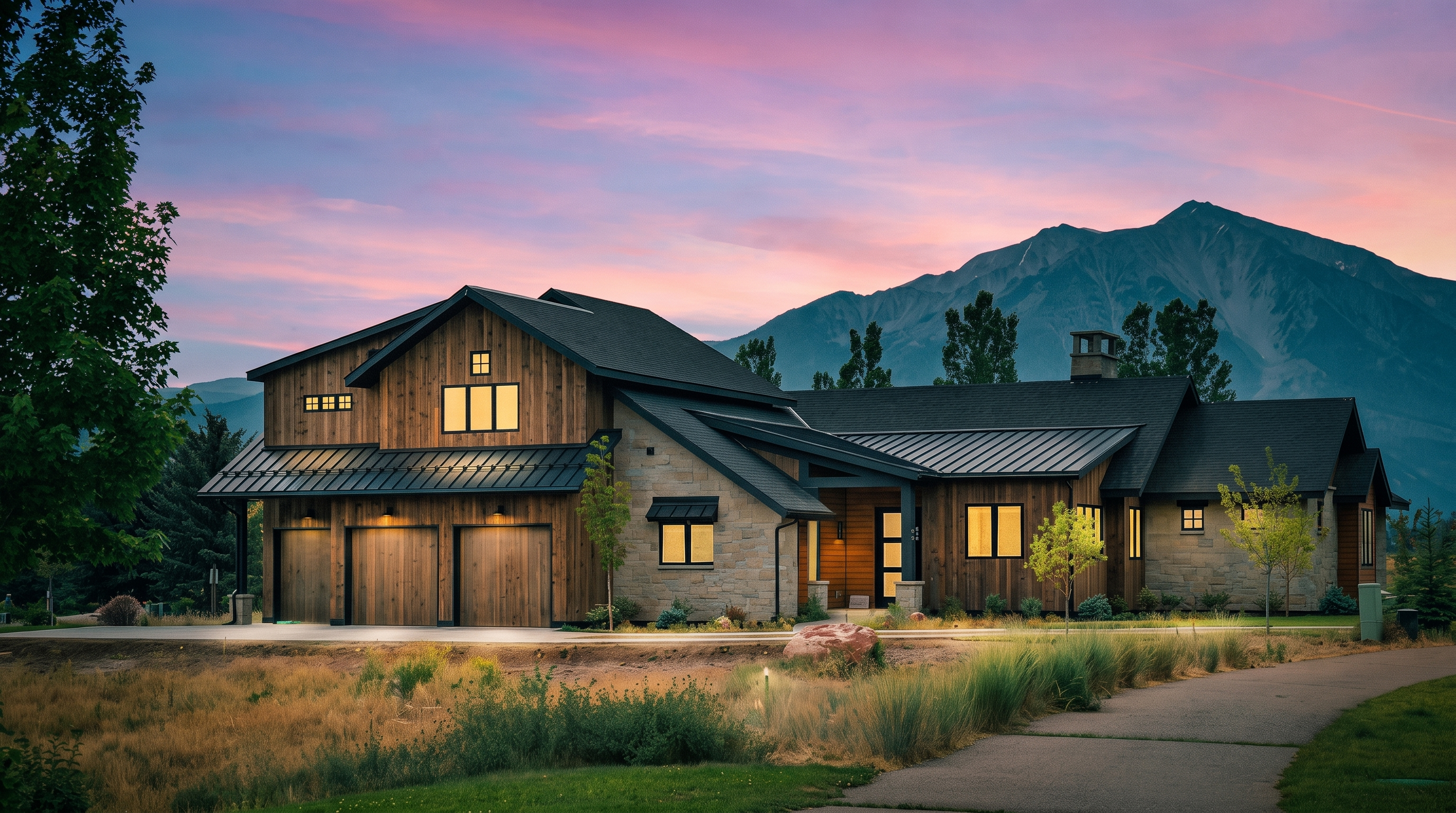 This stunning mountain-style residence features a blend of vertical wood siding and natural stone accents, complemented by a dark metal roof. The front elevation showcases a three-car garage and a welcoming entryway, all set against a dramatic backdrop of a mountain range under a vibrant sunset sky. A paved driveway leads toward the home, which is surrounded by natural landscaping and mature trees.