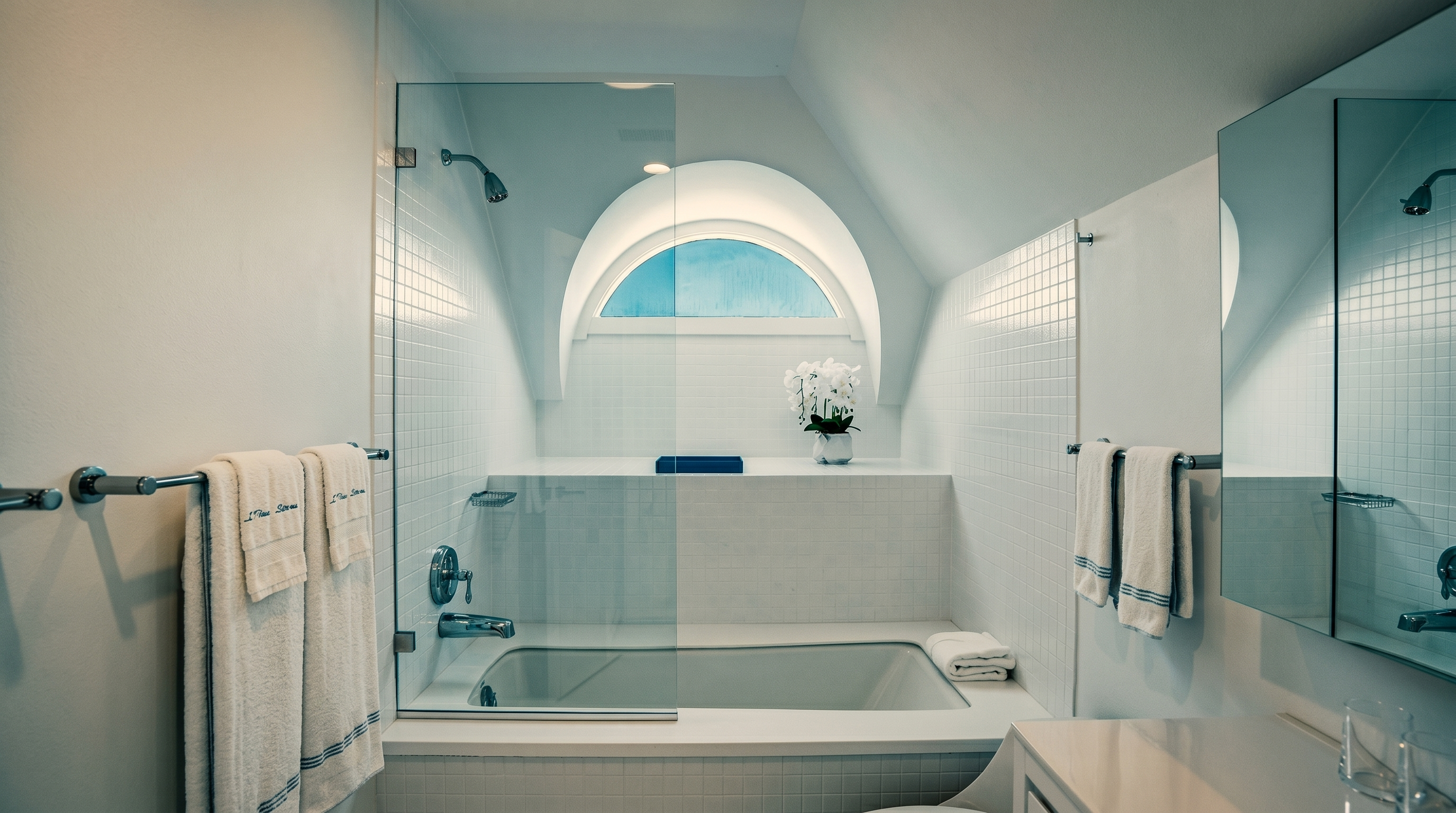 This bright, all-white bathroom features a combination tub and shower enclosure with a glass panel and a distinctive arched window above the tub. The space is accented by white square wall tiles, a sleek vanity, and a large mirror, creating a clean and airy atmosphere. The perspective is a straight-on shot capturing the functional layout and the natural light streaming through the architectural window.