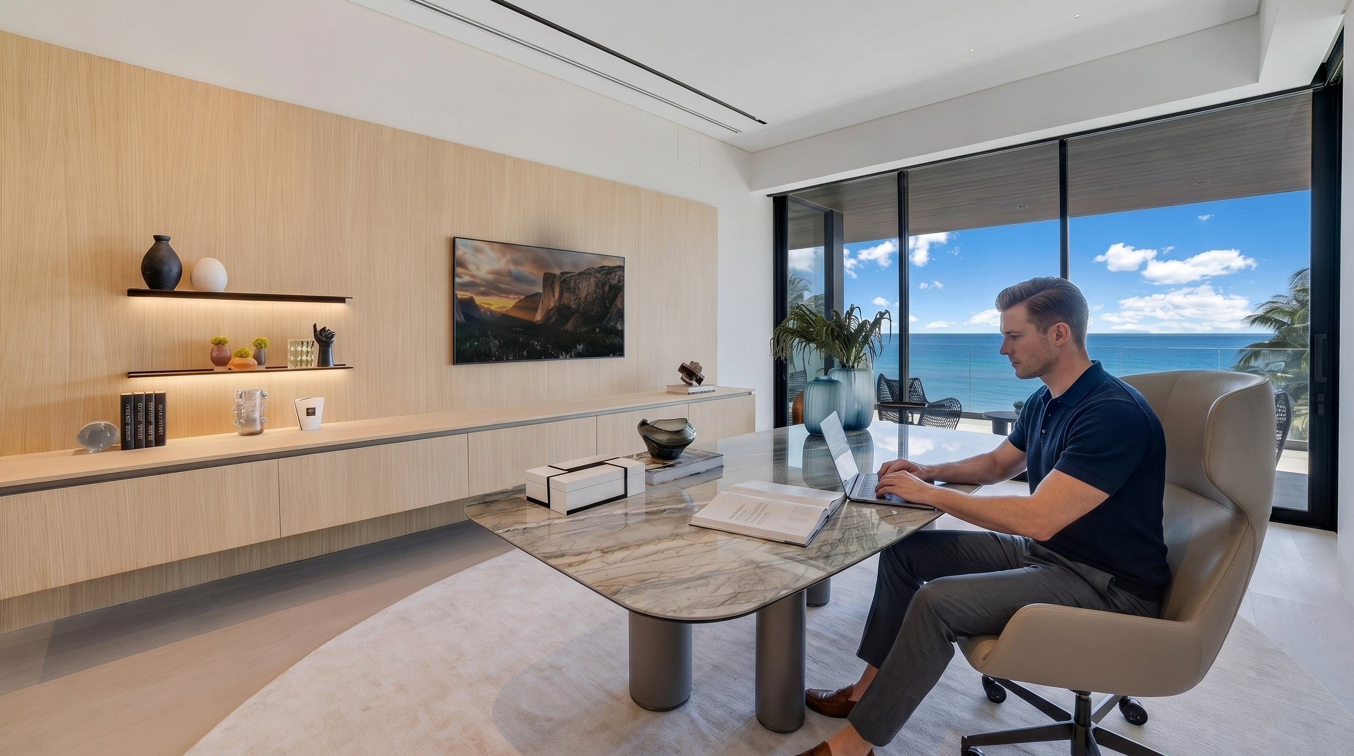 This sophisticated home office features a sleek, light-toned wood wall with integrated shelving and a wall-mounted television. A large, polished stone desk with a unique sculptural base serves as the centerpiece, complemented by a modern, ergonomic leather chair. The room is bathed in natural light from expansive glass doors that open to a balcony with a stunning, unobstructed view of the ocean.