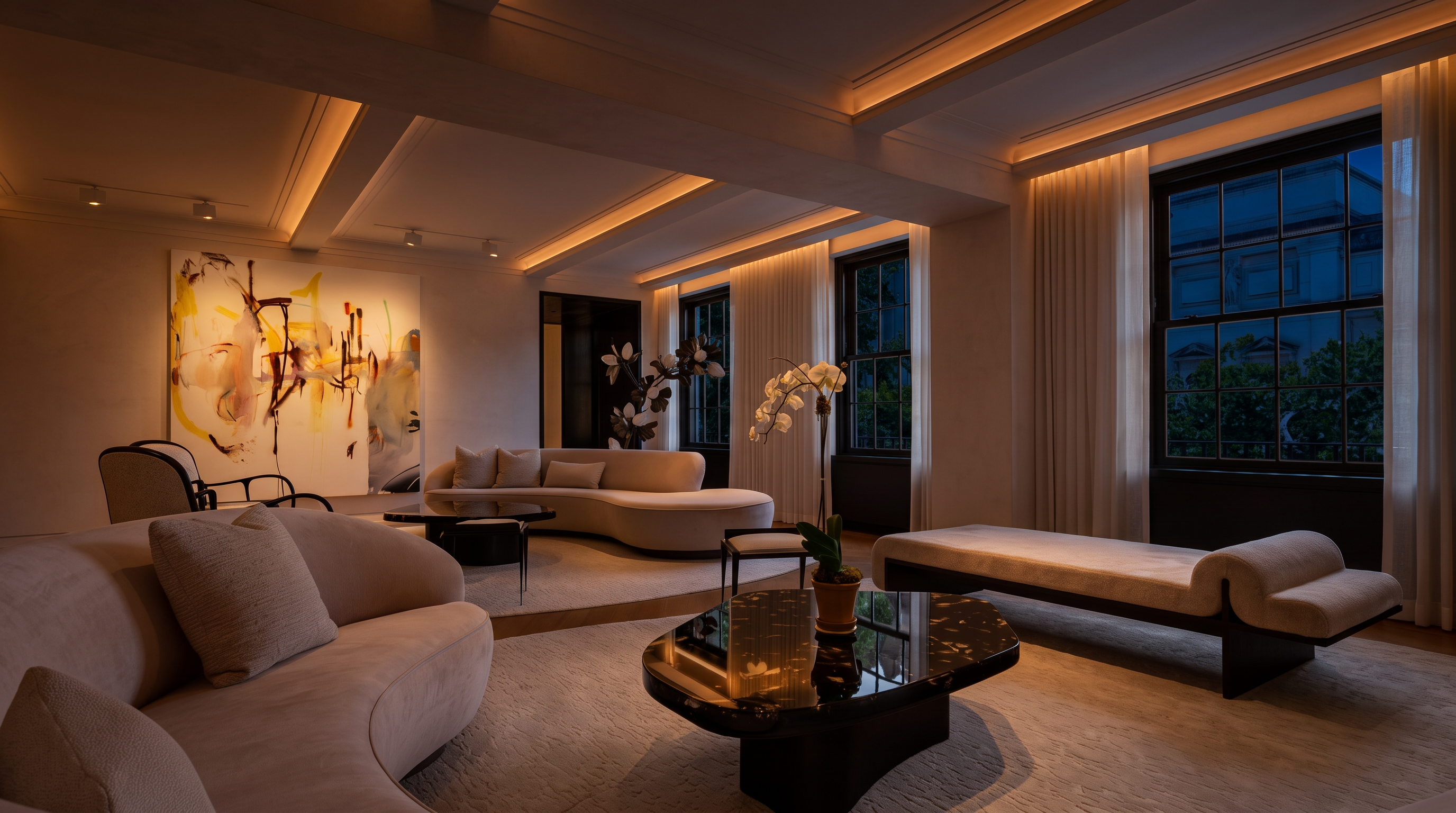 This sophisticated, contemporary living room features a warm, ambient glow created by cove ceiling lighting and elegant, curved sofas arranged on plush area rugs. The space is anchored by a striking abstract painting and a dark, polished stone coffee table, complemented by the clean lines of modern chaise lounges and minimalist orchid arrangements. Expansive windows framed by floor-to-ceiling curtains offer a serene, darkened view of the outdoors, enhancing the room's upscale, tranquil atmosphere.