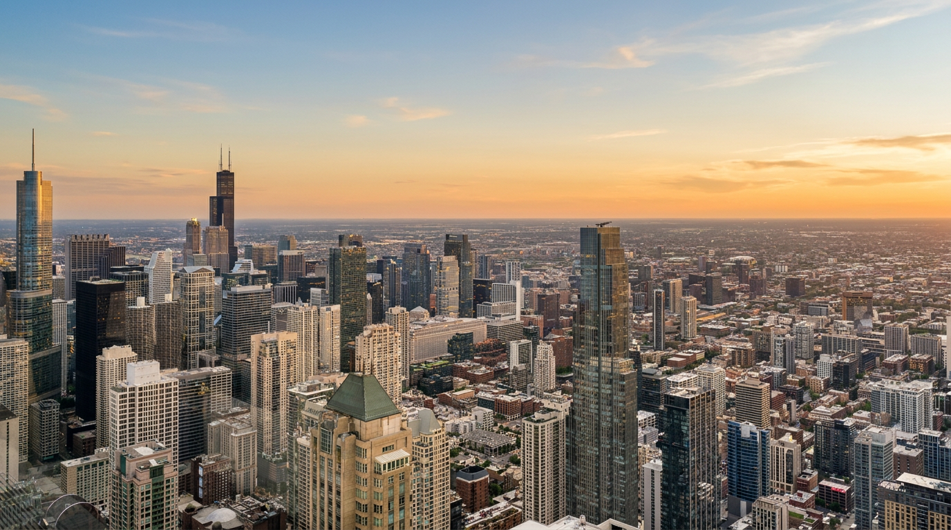 This high-angle aerial view captures a dense, vibrant urban skyline characterized by a mix of modern glass skyscrapers and historic masonry architecture. The perspective offers a sweeping look at the city's vertical density, highlighting prominent landmarks and the intricate grid of streets below. The clear blue sky provides a bright, expansive backdrop that emphasizes the scale and architectural diversity of the metropolitan landscape.