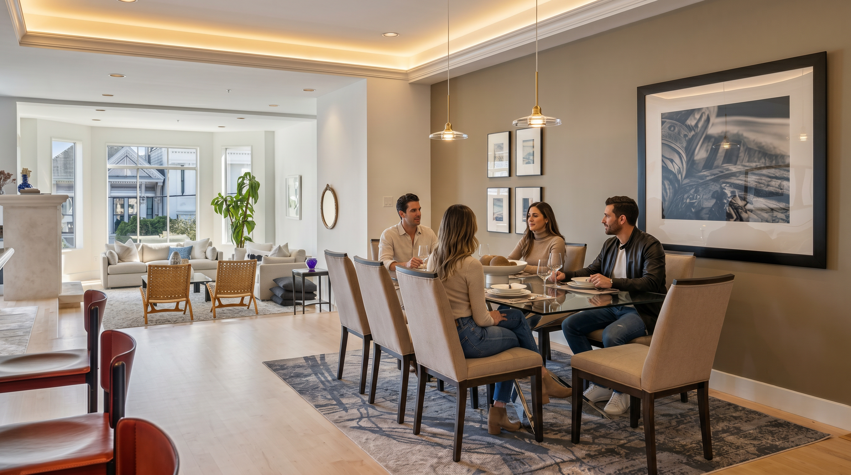 This elegant open-concept dining area features a glass-topped table surrounded by six upholstered chairs, set atop a textured area rug. The space flows seamlessly into a bright, airy living room with large windows and comfortable seating, creating a cohesive and sophisticated living environment. The neutral color palette and clean lines emphasize a modern, upscale aesthetic perfect for entertaining.