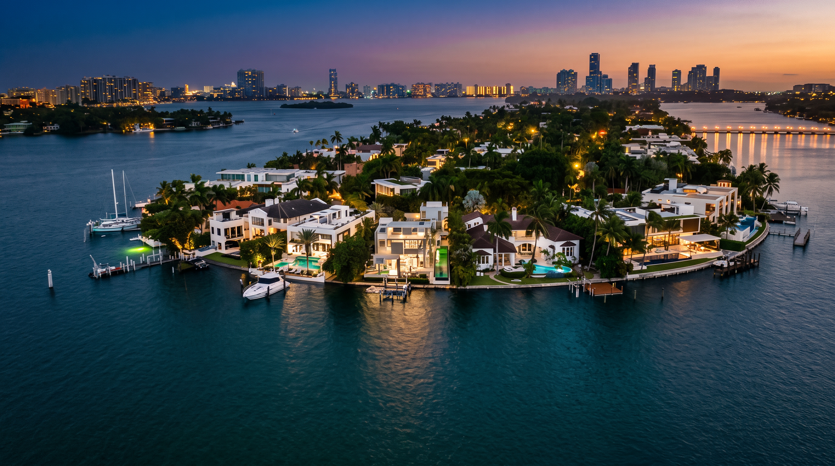 This stunning aerial perspective captures a luxury waterfront estate situated on a private island at twilight. The composition highlights the expansive property, featuring multiple modern residences, private docks with yachts, and lush tropical landscaping surrounded by calm bay waters. In the background, the illuminated city skyline creates a dramatic and sophisticated backdrop, emphasizing the exclusive nature of this coastal location.