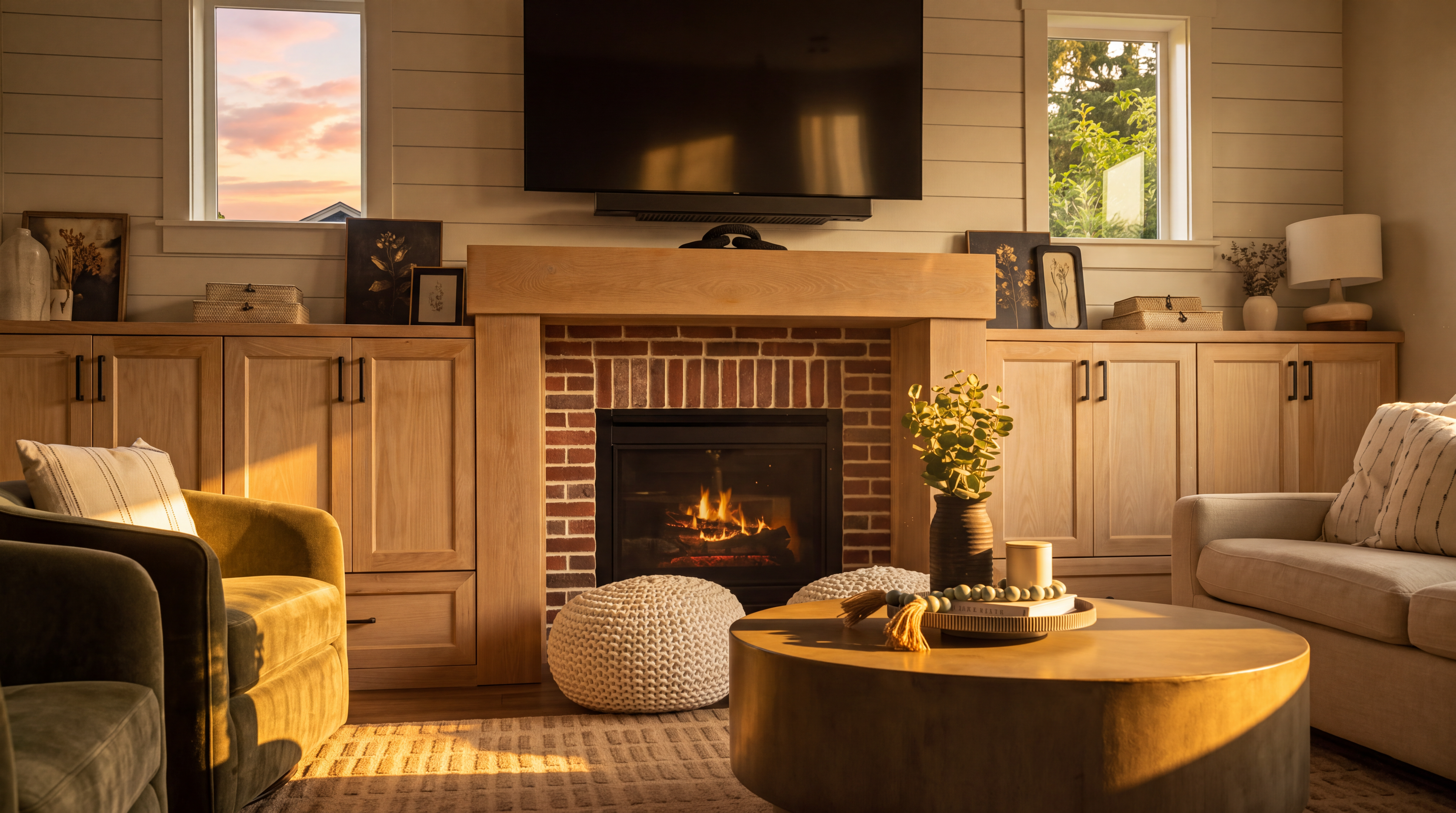 This cozy living room features a central fireplace with a brick surround and a light wood mantel, flanked by custom built-in cabinetry. A round concrete coffee table sits in the foreground, accented by two textured white poufs and a neutral area rug. The space is brightened by natural light from windows on either side of the fireplace, creating a warm and inviting atmosphere.