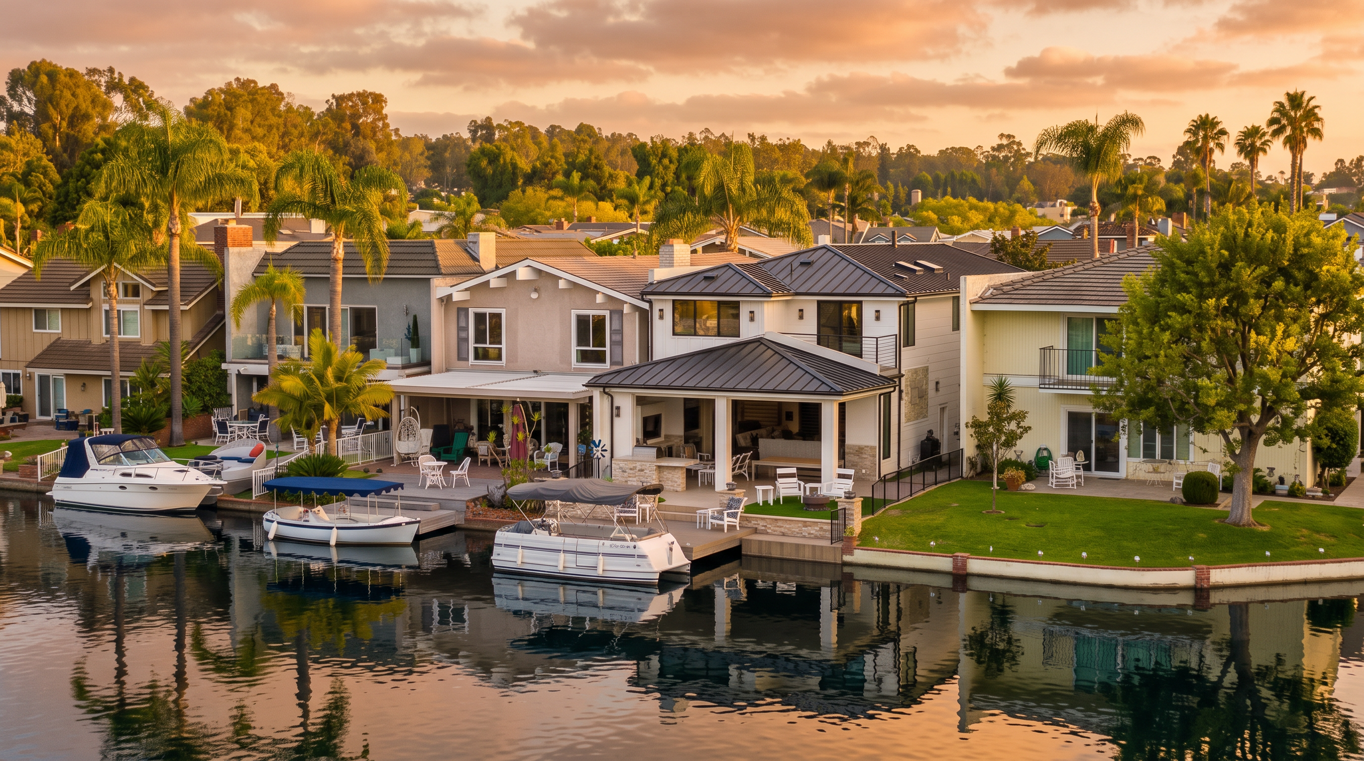 This stunning waterfront property features a multi-level layout with a modern architectural design, dark metal roofing, and expansive outdoor living spaces. The backyard includes a private dock, well-maintained lawn, and a large covered patio with an outdoor kitchen, perfect for entertaining. The home's prime location on the water provides scenic views and direct access for boating, creating an inviting and luxurious atmosphere.