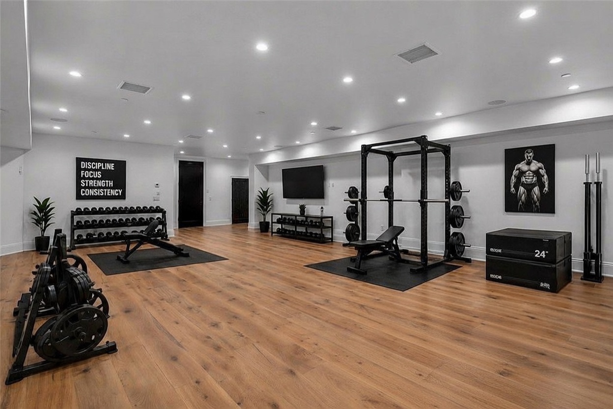 This spacious, modern home gym features light wood flooring and recessed lighting throughout. The room is equipped with a professional-grade power rack, a stationary air bike, a weight bench, and multiple racks of dumbbells, creating a comprehensive workout environment. A large wall-mounted television and a motivational sign add to the functional and high-end aesthetic of this fitness space.