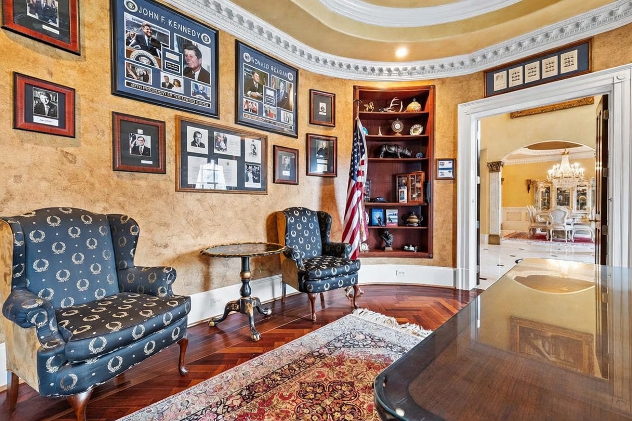 This sophisticated home office features warm, textured walls adorned with a collection of framed presidential memorabilia and portraits. The room is furnished with two patterned armchairs, a small pedestal table, and a large desk, all set upon a rich, dark wood floor covered by an ornate area rug. A built-in wooden shelving unit displays decorative items, and an American flag stands prominently in the corner, while a doorway leads to an adjacent dining area.