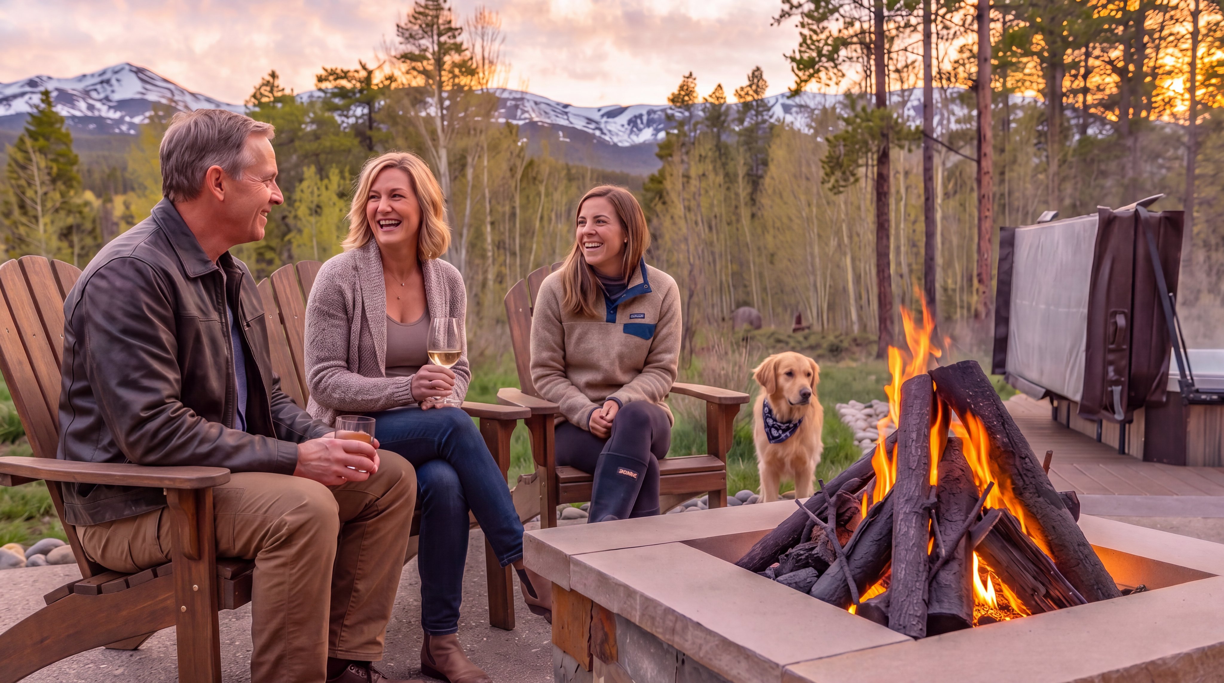 This serene outdoor living space features a square stone-clad fire pit as the focal point on a concrete patio. Adjacent to the fire pit, a hot tub with its cover partially open sits on a wooden deck, set against a backdrop of lush pine trees and distant snow-capped mountains. The scene is captured at sunset, with a warm, golden glow illuminating the landscape and creating an inviting, tranquil atmosphere.