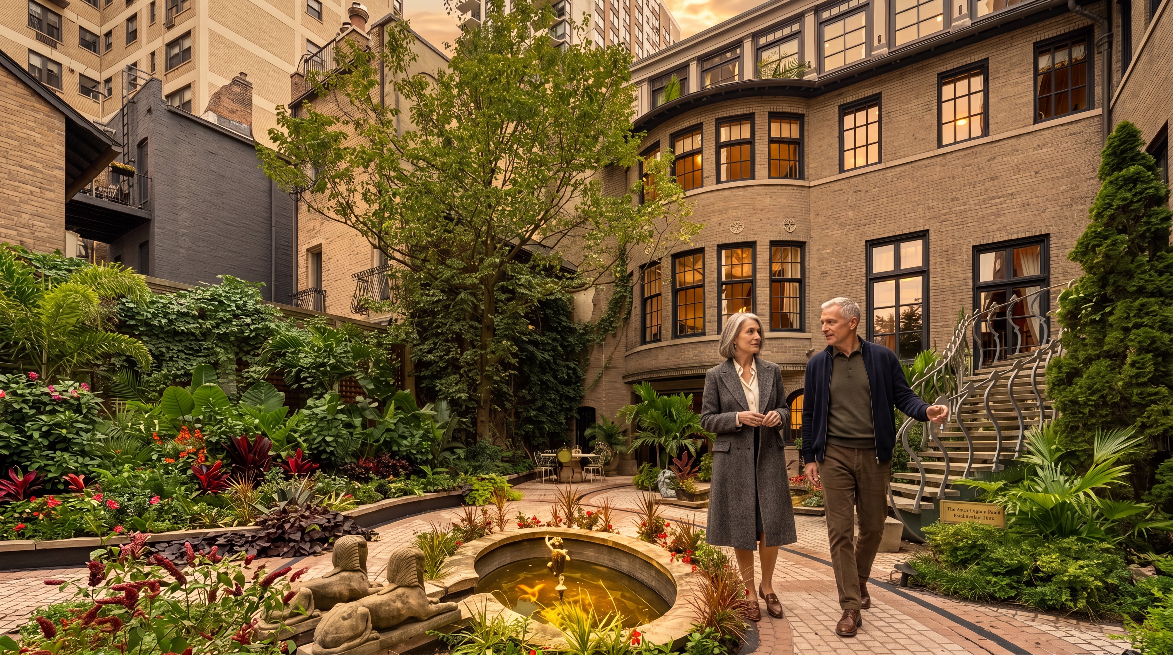 This lush, private courtyard garden features a central stone fountain surrounded by intricate brick paving and vibrant landscaping. A curved brick building facade with multiple windows overlooks the space, while a decorative metal staircase provides access to the upper level. The scene is framed by mature trees and dense greenery, creating a serene and secluded outdoor retreat.