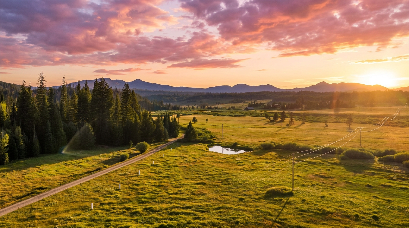 This expansive aerial view captures a vast, rolling meadow landscape set against a backdrop of distant mountain ranges under a vibrant, colorful sunset sky. A gravel road winds through the foreground, leading toward a small pond and a dense cluster of evergreen trees, emphasizing the property's serene and secluded natural setting. The scene conveys a sense of immense space and tranquility, highlighting the raw beauty of the rural terrain.