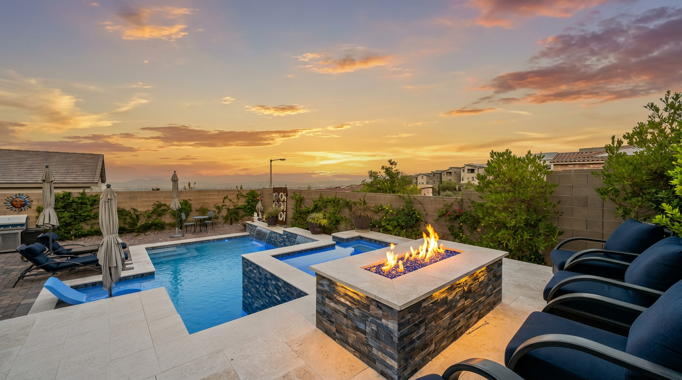 This outdoor living space features a modern rectangular fire pit with blue glass fire media, set on a light-toned stone patio. A black metal fence separates the seating area from a swimming pool and spa, which includes a water feature wall. The scene is framed by a perimeter wall, lush greenery, and a clear sky, creating a serene and inviting atmosphere for relaxation.