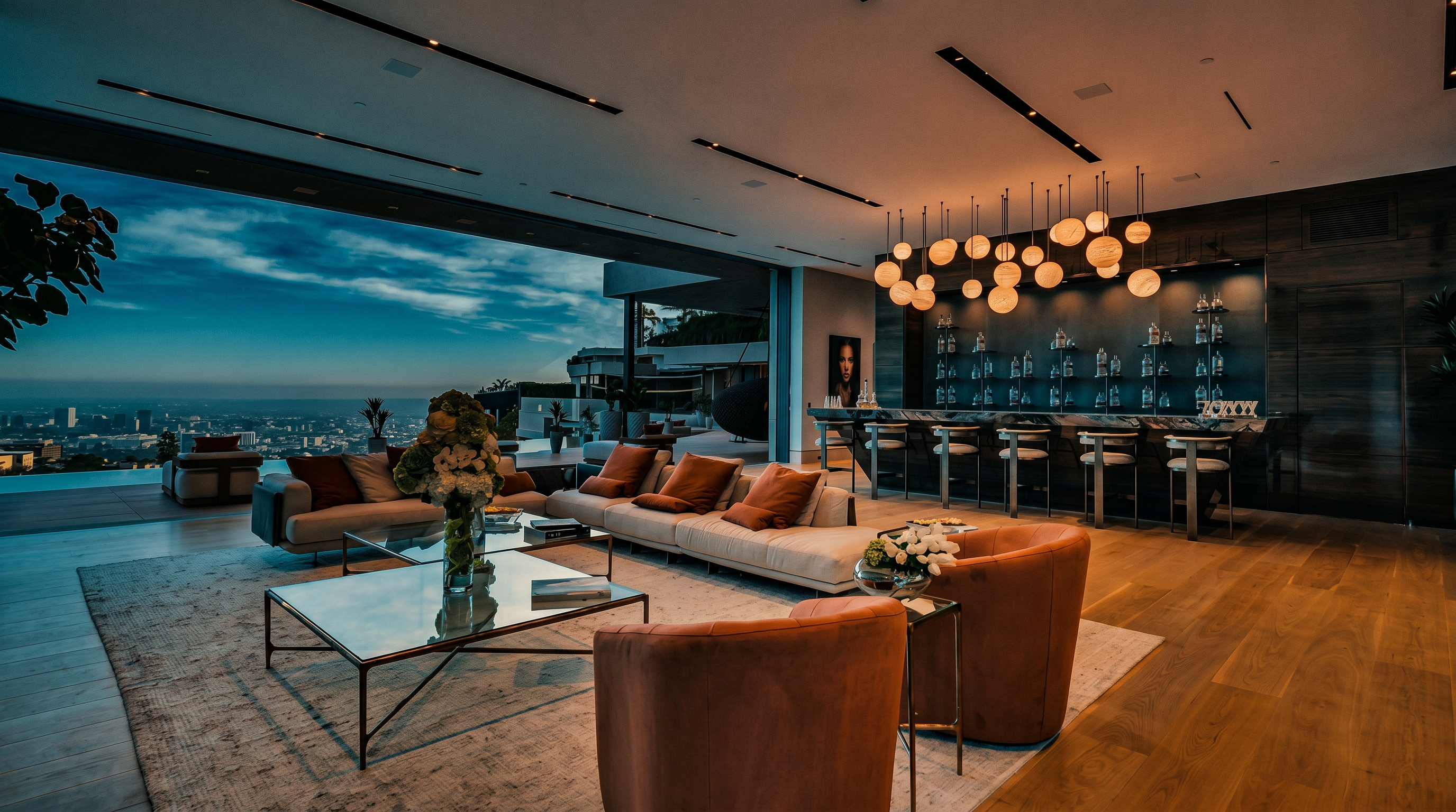 This expansive, ultra-modern living room features an open-concept design that seamlessly blends into a vast outdoor terrace with panoramic city views. The space is anchored by a large, neutral-toned sectional sofa, plush armchairs, and a sophisticated bar area illuminated by a cluster of contemporary globe pendant lights. The floor-to-ceiling glass walls create a cinematic transition between the luxurious interior and the breathtaking horizon, emphasizing a high-end, architectural aesthetic.