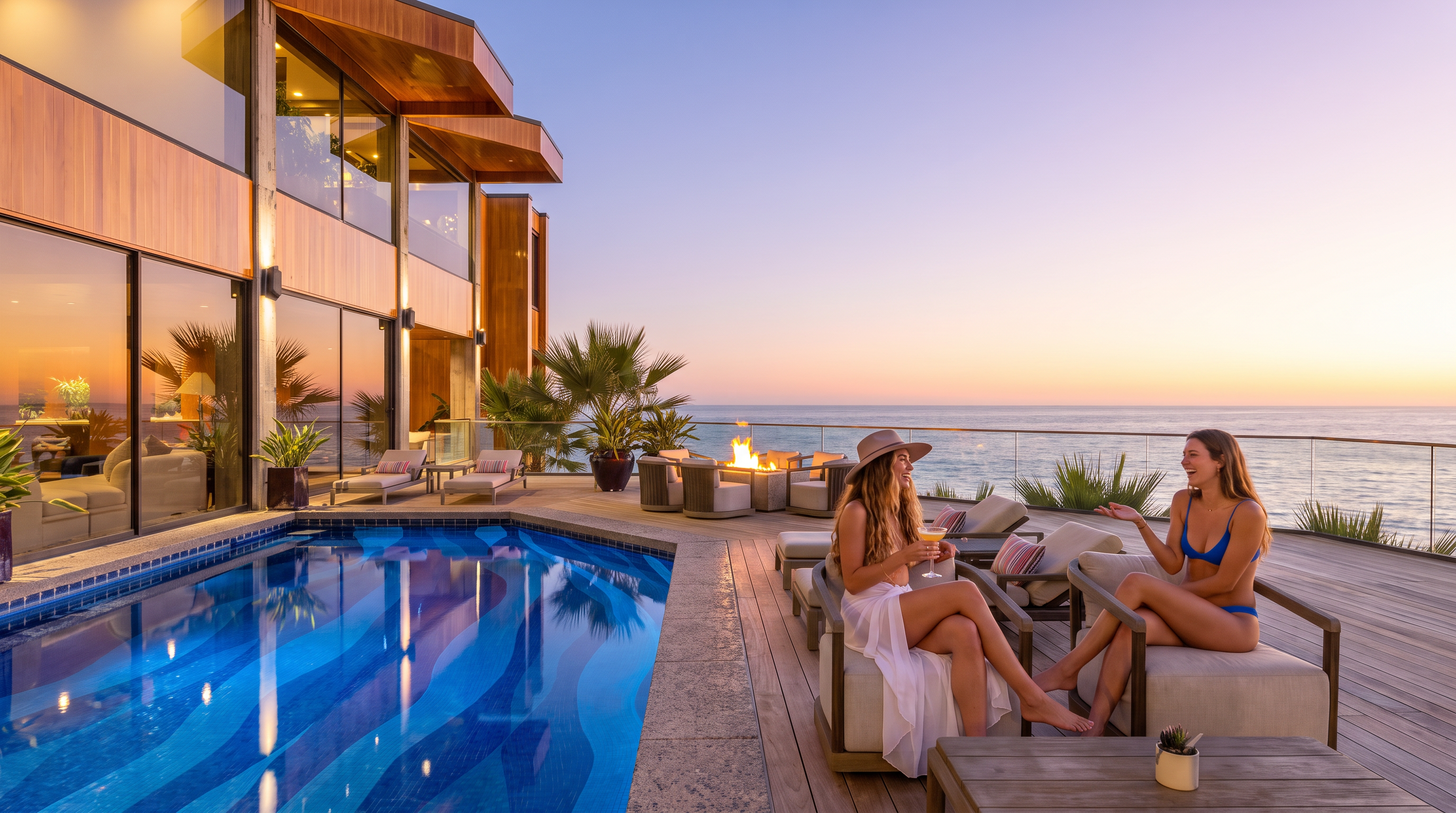 This stunning contemporary outdoor living space features a sleek infinity-edge pool, a fire pit, and a spacious wooden deck overlooking the ocean at sunset. The architectural design seamlessly blends indoor and outdoor luxury, highlighted by floor-to-ceiling glass walls and modern minimalist furniture. It offers an exclusive, resort-like atmosphere ideal for high-end coastal entertaining.
