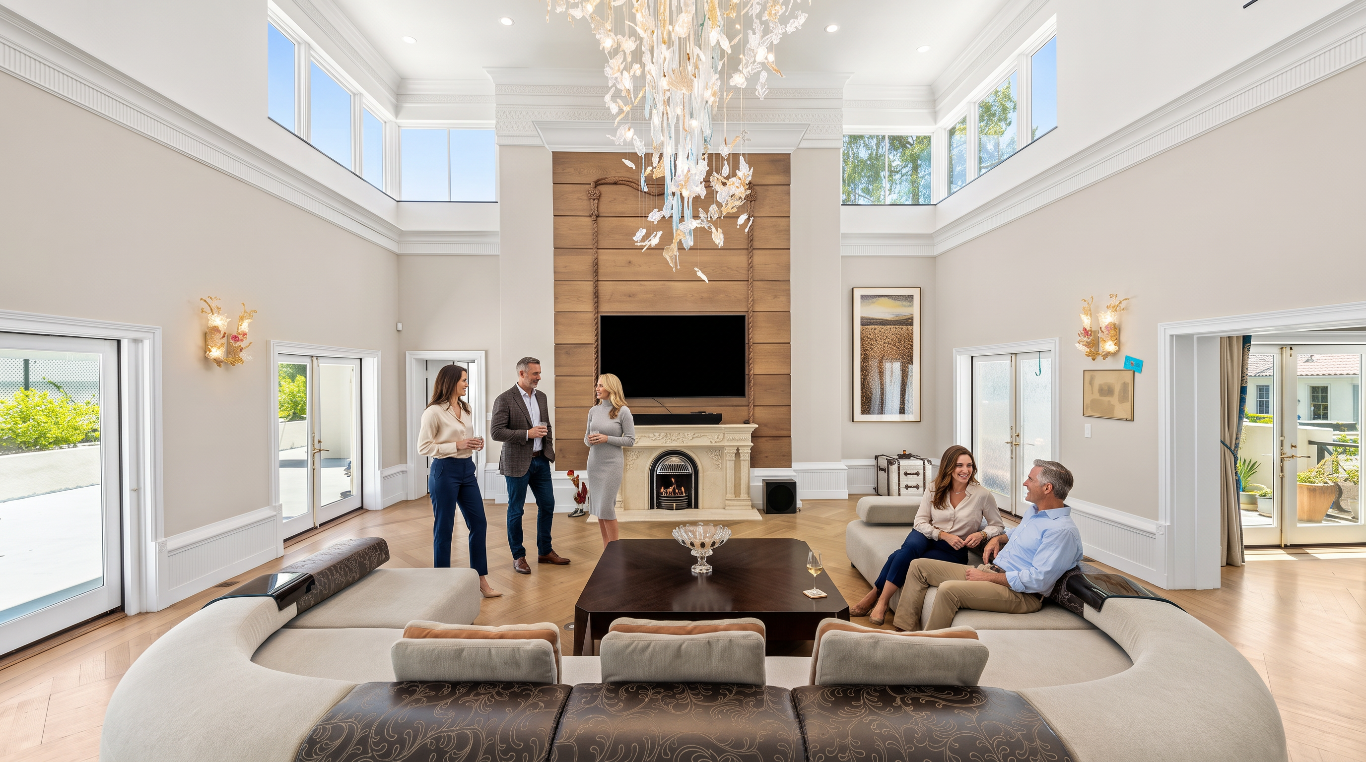 This elegant and spacious living room features soaring ceilings, herringbone hardwood floors, and a dramatic fireplace focal point with an integrated large screen television. The space is anchored by a sophisticated curved sofa and illuminated by an artistic, multi-tiered crystal chandelier, creating an airy and upscale atmosphere perfect for entertaining. Multiple glass doors provide abundant natural light and connect the refined, neutral-toned interior to the outdoors.