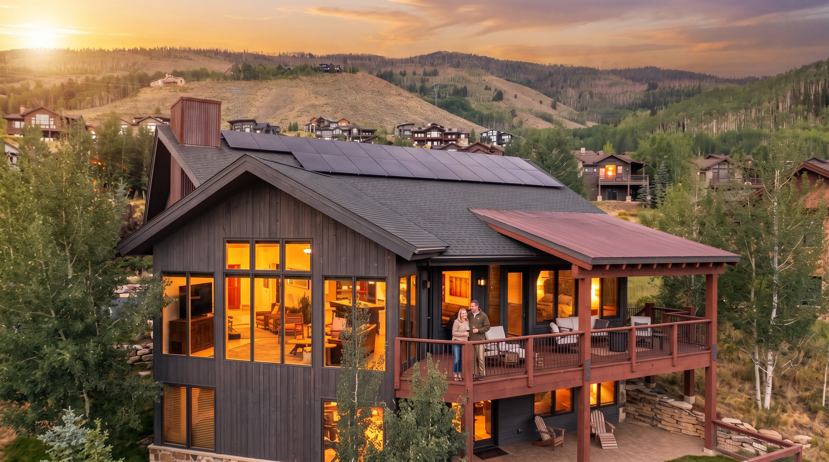 This stunning aerial view captures a contemporary mountain home nestled in a scenic, elevated landscape during a golden hour sunset. The residence features modern dark siding, extensive floor-to-ceiling windows, and a spacious wooden deck where a couple is enjoying the expansive view of the surrounding hills and nearby residential properties. Solar panels are integrated into the roof, highlighting the home's energy efficiency alongside its high-end architectural appeal.