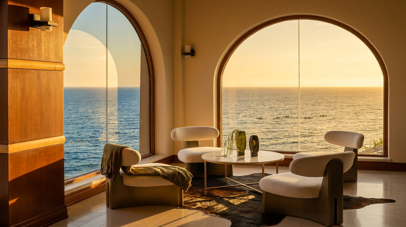 This elegant seating area features three modern, curved chairs arranged around a circular stone-topped coffee table, all set upon a dark, textured area rug. The space is defined by two large, arched windows that frame expansive, panoramic views of the ocean. The neutral color palette and clean lines create a sophisticated, tranquil atmosphere perfect for relaxation while enjoying the coastal scenery.
