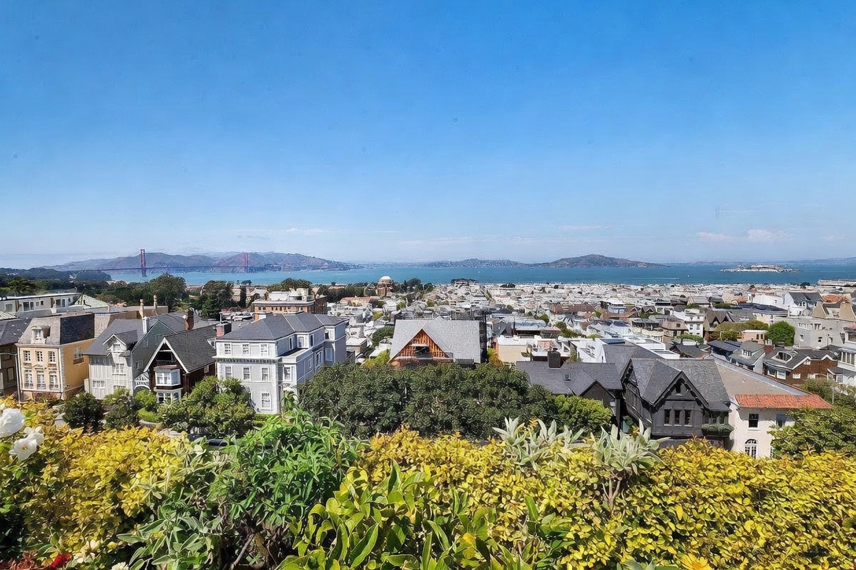 This elevated perspective captures a sweeping, panoramic view of a dense urban neighborhood leading toward the San Francisco Bay and the Golden Gate Bridge. In the foreground, lush green foliage and vibrant yellow flowering shrubs frame the scene, while the mid-ground showcases a collection of classic residential architecture with varied rooflines. The clear blue sky provides a bright, expansive backdrop, emphasizing the property's prime location and scenic outlook.