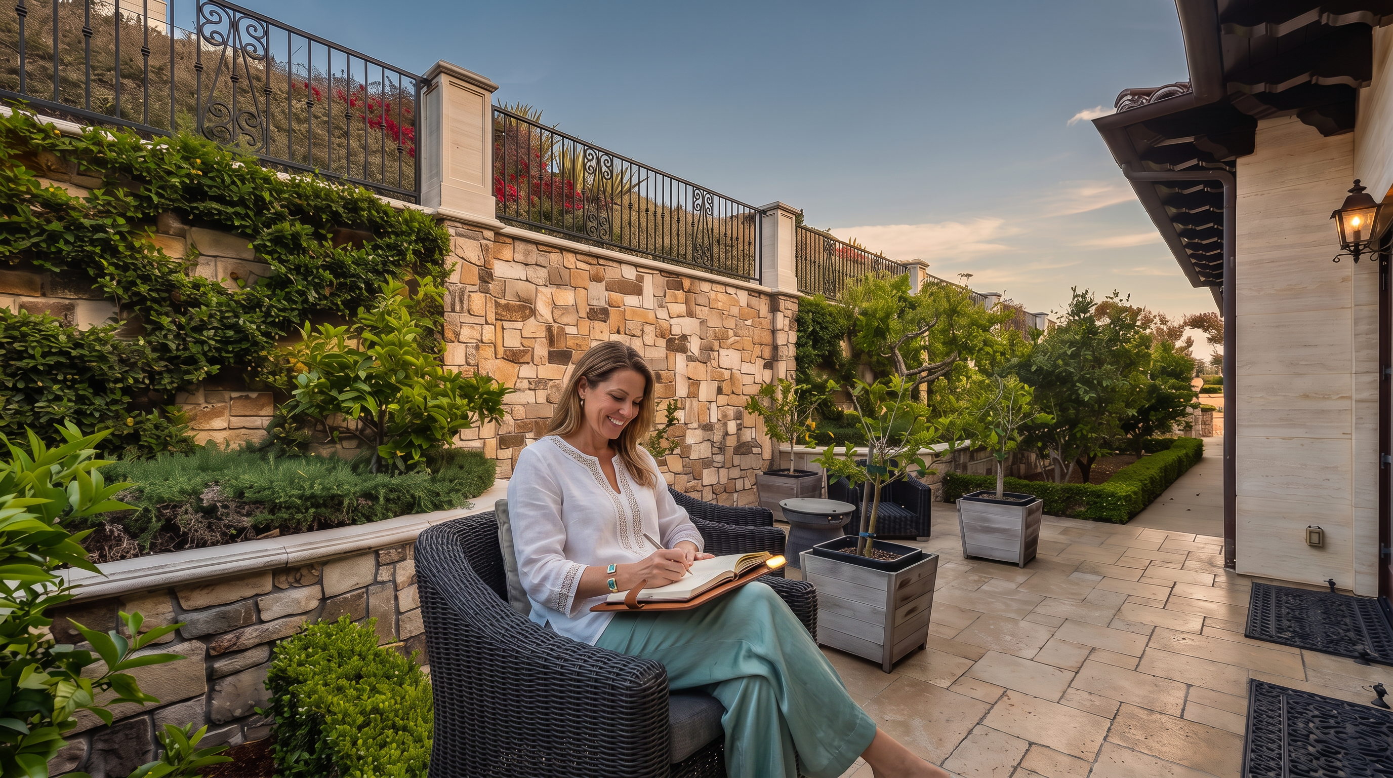 This elegant stone-paved patio features a tiered retaining wall adorned with lush greenery and climbing vines. The space is furnished with dark wicker seating and potted trees, creating a serene and private outdoor retreat. A decorative metal fence runs along the top of the stone wall, adding a refined architectural touch to the backyard setting.
