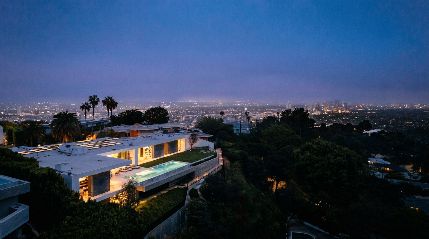 This stunning aerial view captures a modern, multi-level luxury residence perched on a hillside at twilight, overlooking a sprawling city skyline. The home features a sleek, flat-roof design with a prominent infinity-edge pool that glows warmly against the deep blue evening sky. Lush landscaping and mature trees surround the property, emphasizing its secluded and prestigious location.