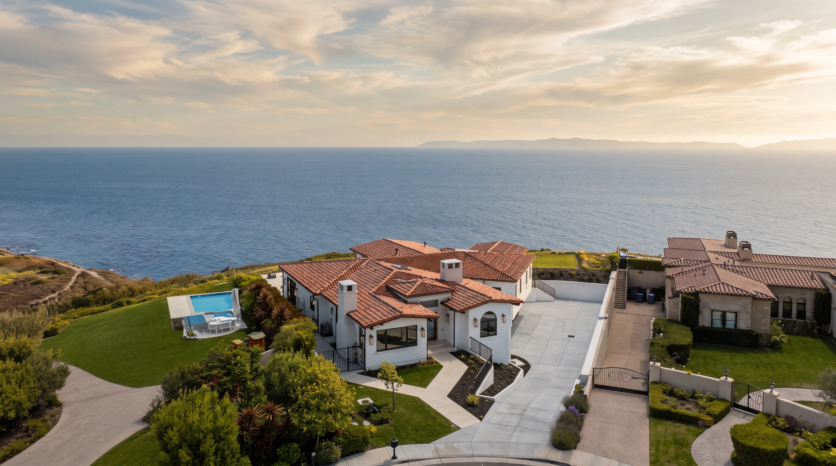 This high-angle aerial view captures a luxurious coastal estate featuring a Mediterranean-inspired architectural style with terracotta tile roofing. The property boasts a spacious concrete driveway, manicured green lawns, and a private swimming pool, all set against a dramatic backdrop of the deep blue ocean and distant coastline. The perspective emphasizes the expansive, prime location of the home, highlighting its seamless integration with the scenic waterfront environment.