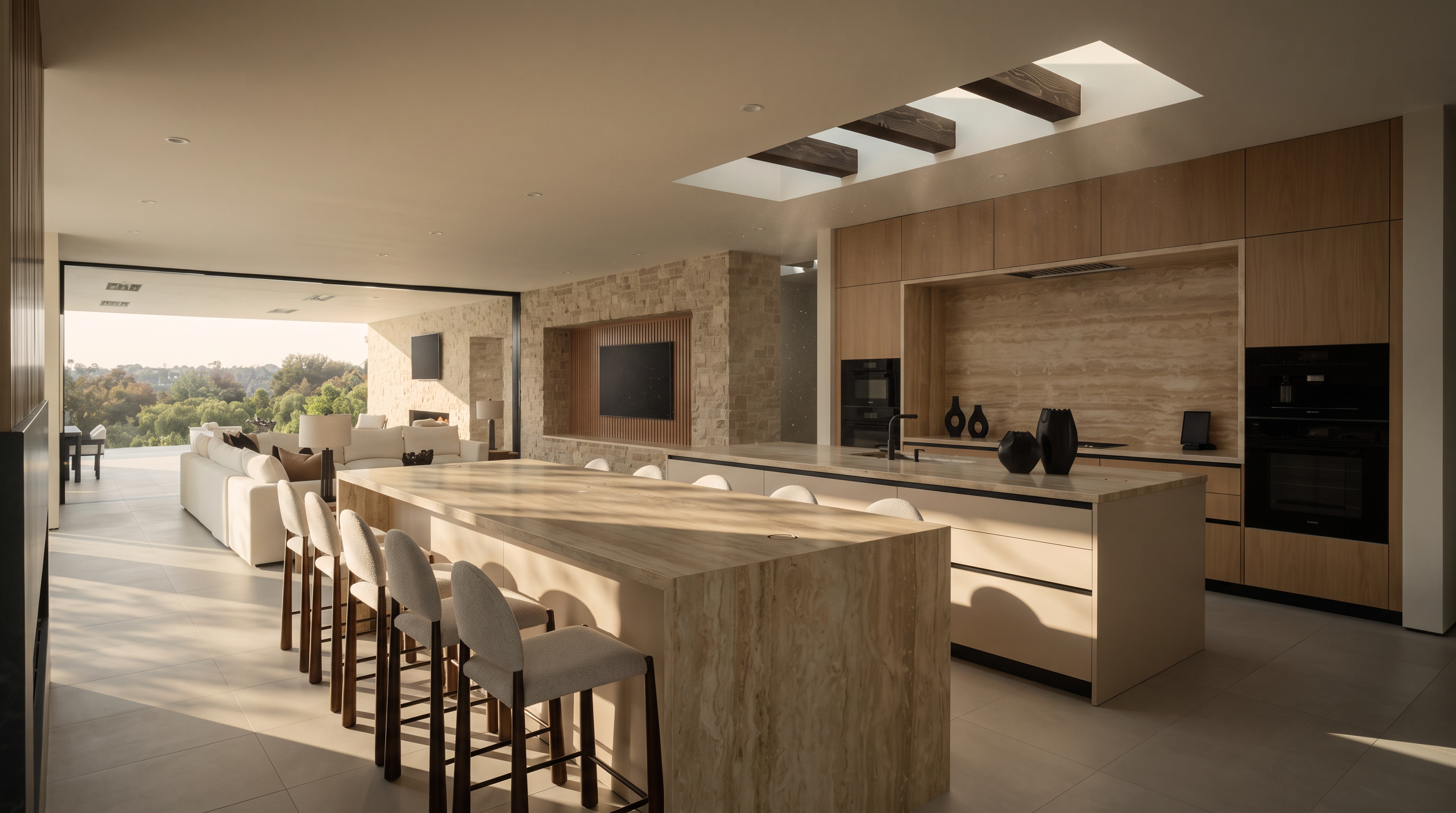 This expansive, modern kitchen features a large stone-topped island with integrated seating, complemented by light wood cabinetry and a stone-clad wall housing a television. The open-concept design flows seamlessly into a bright living area, with large glass doors opening to an outdoor space. A skylight with exposed beams adds architectural interest, while the neutral color palette creates a sophisticated and airy atmosphere.