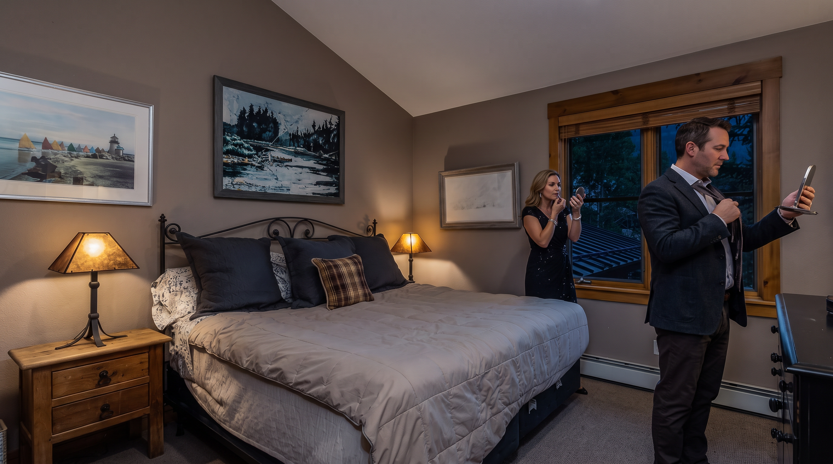 This cozy bedroom features a metal-framed bed dressed in neutral bedding, flanked by a rustic wooden nightstand and a matching lamp. The room is decorated with landscape artwork on the walls and includes a large window with wood trim that provides a view of the surrounding trees. The space has a warm, inviting atmosphere with a vaulted ceiling and neutral wall tones.