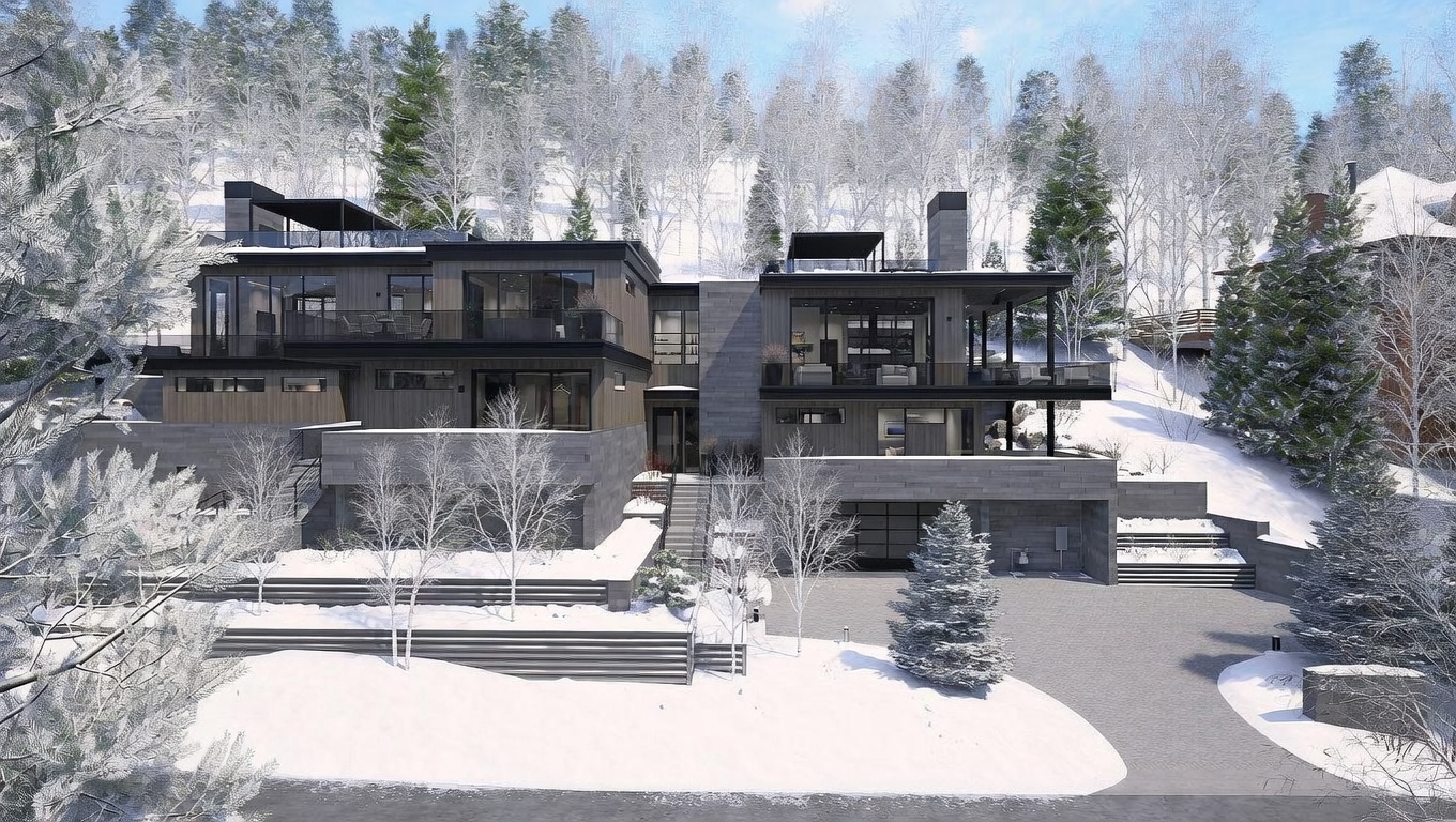 This modern mountain residence features a striking architectural design with a multi-level facade composed of dark wood siding, stone cladding, and expansive glass walls. The home is nestled into a snowy, forested hillside, with tiered stone retaining walls and a paved driveway leading to a garage. The composition emphasizes a sophisticated, contemporary aesthetic that integrates seamlessly with the rugged, winter landscape.