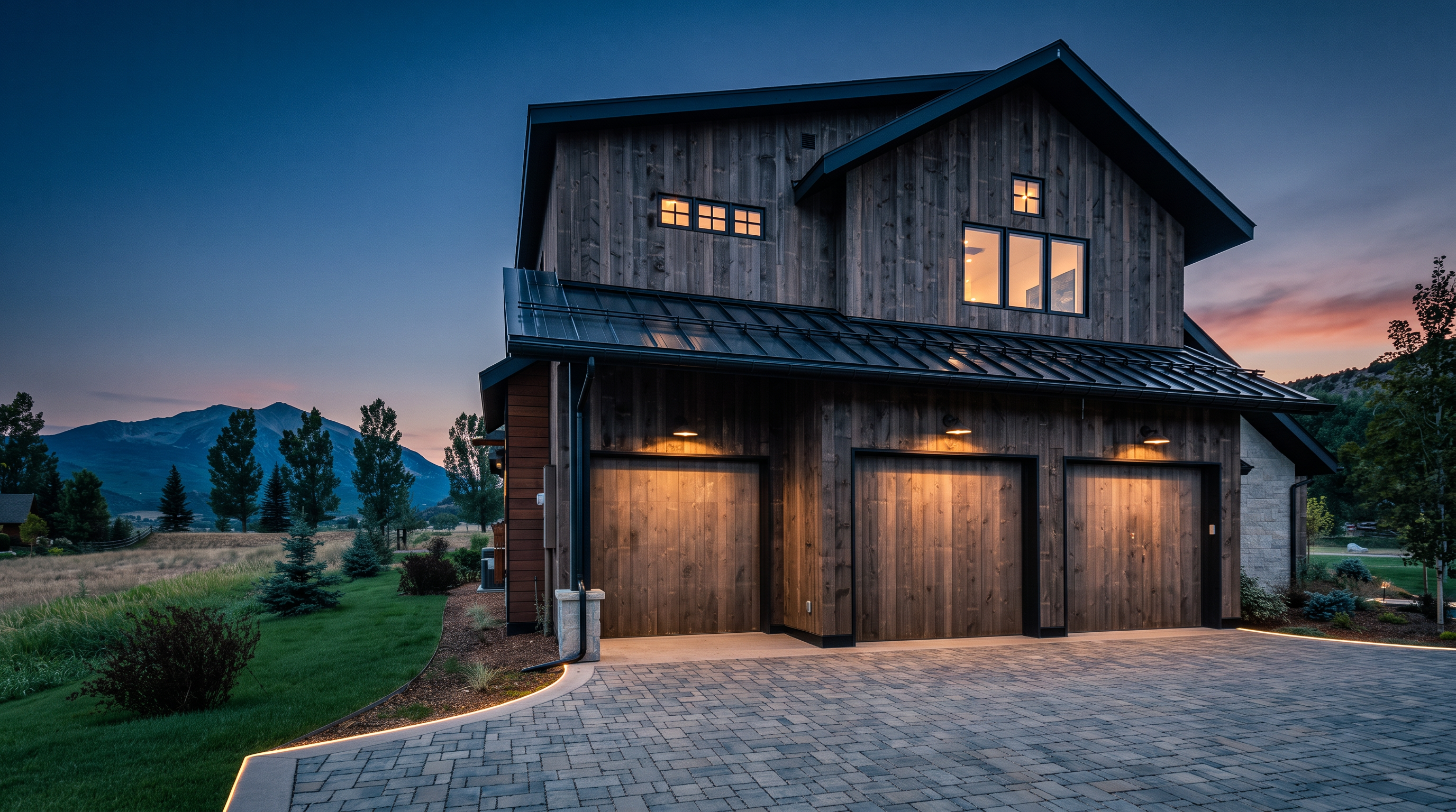 This stunning mountain-style home features a three-car garage with rich, vertical wood siding and dark trim accents. The exterior is complemented by a professional paver driveway, a metal shed roof, and a beautifully landscaped lawn with expansive views of the surrounding mountains. The property exhibits high-quality craftsmanship, blending rustic charm with modern architectural design.