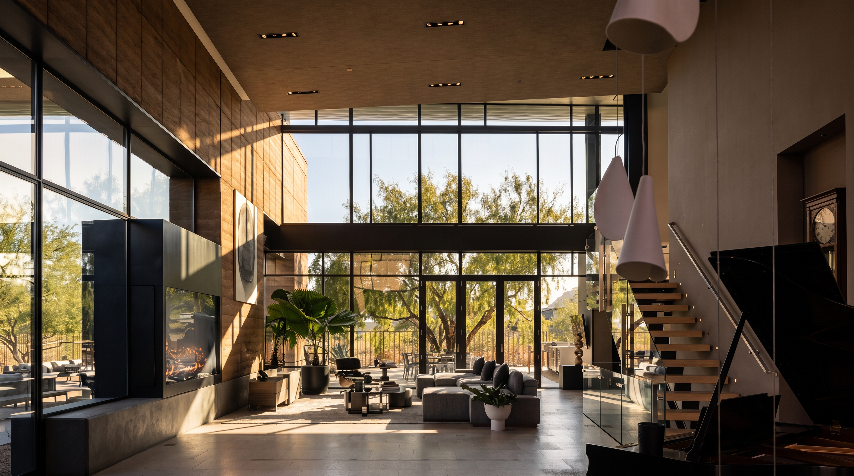 This expansive, double-height living room features a modern aesthetic with a prominent, tall fireplace surround clad in textured panels. Large glass walls provide an unobstructed view of the outdoor patio and desert landscape, flooding the open-concept space with natural light. The room is furnished with contemporary grey seating, a grand piano, and a floating staircase, creating a sophisticated and airy atmosphere.