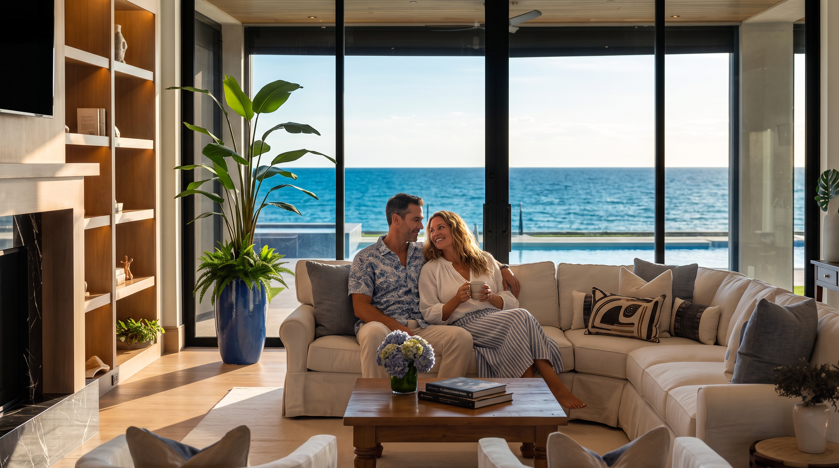 This spacious, open-concept living room features light wood flooring and exposed wooden ceiling beams that create a warm, natural aesthetic. A large, plush sectional sofa and two white armchairs are arranged around a central coffee table, facing a fireplace with a dark stone surround and a mounted television. Large glass doors at the rear provide an expansive, unobstructed view of the ocean, seamlessly connecting the indoor living space with the coastal scenery.