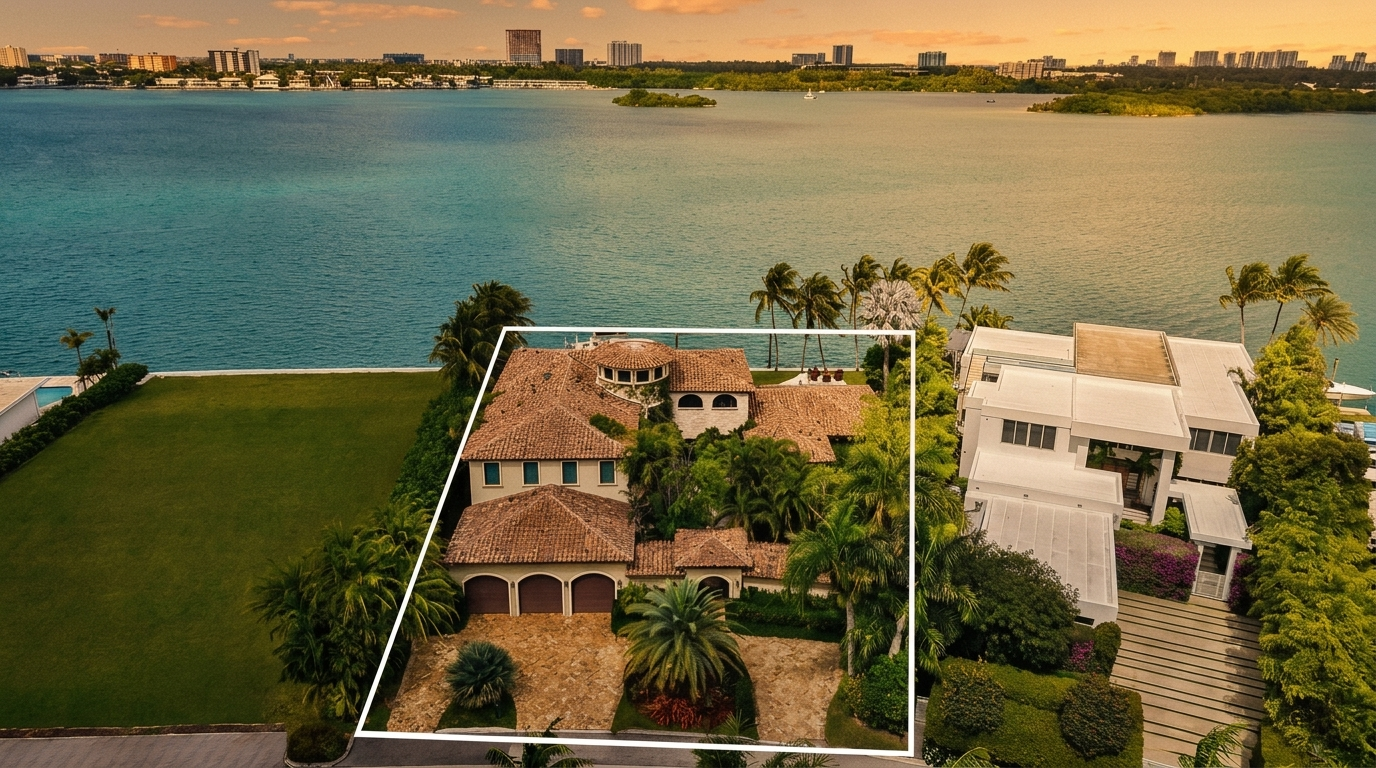 This high-angle aerial view captures a Mediterranean-style waterfront estate featuring a multi-gabled clay tile roof and a circular turret element. The property includes a paved driveway leading to a three-car garage, lush tropical landscaping, and a sprawling green lawn that extends toward the expansive blue bay. The perspective highlights the home's prime location, nestled between a neighboring modern white residence and the open water, offering a clear view of the distant city skyline.
