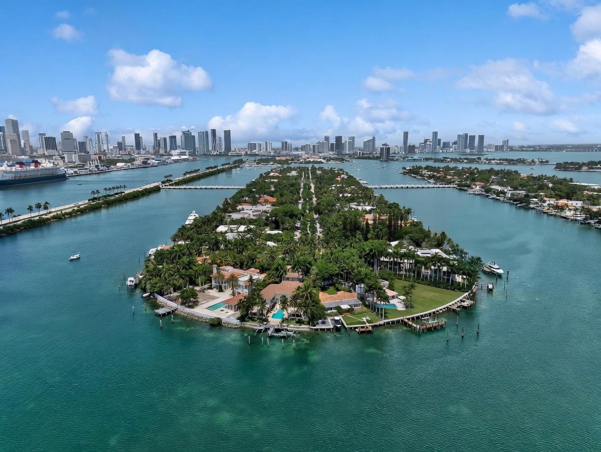 This high-angle aerial view captures a lush, private island residential community surrounded by turquoise waters. The perspective highlights the dense tropical landscaping, numerous waterfront estates with private docks, and the expansive skyline of a major city in the distance. The scene conveys a sense of luxury, exclusivity, and serene coastal living.