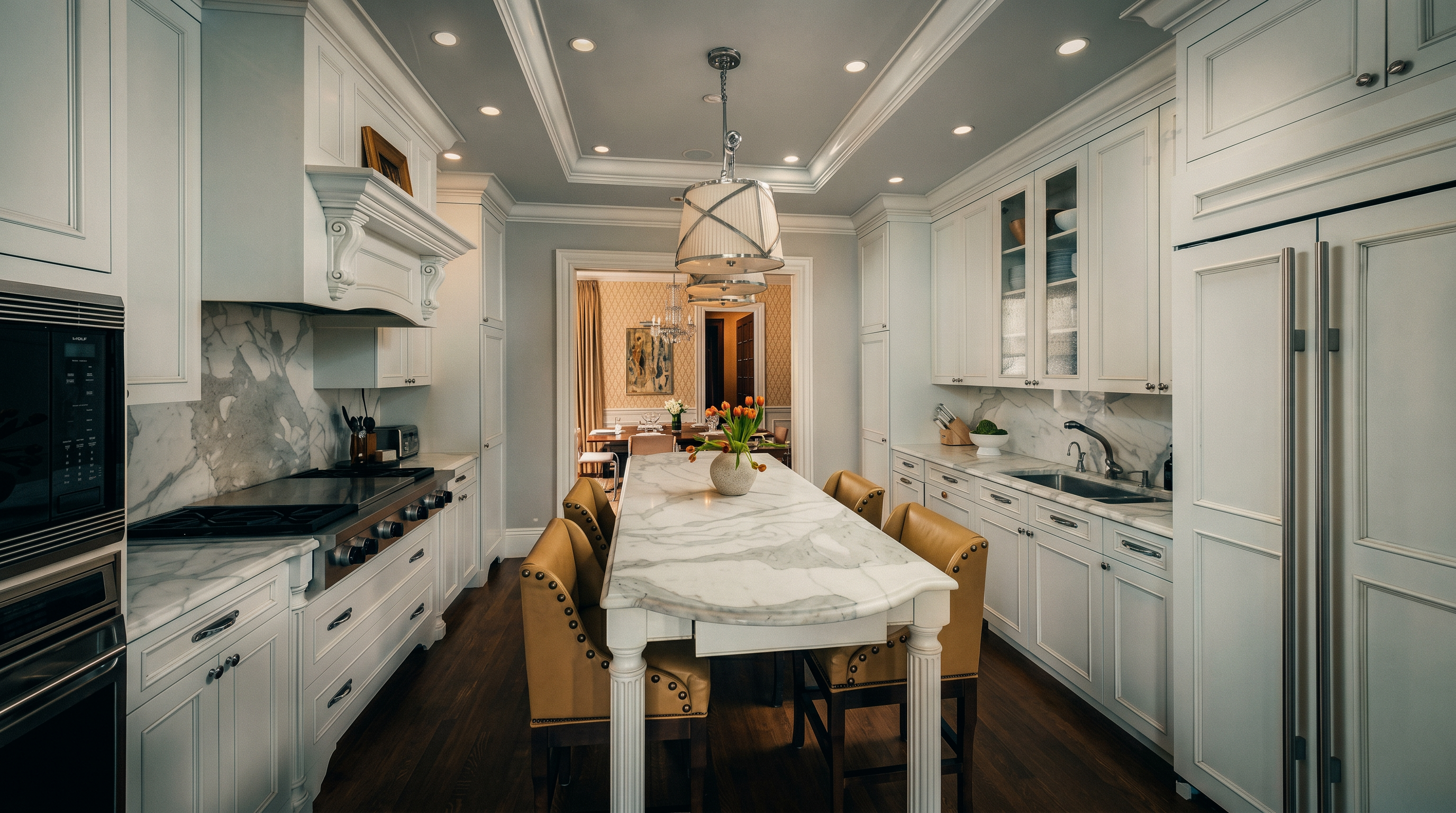 This elegant, symmetrical kitchen features crisp white cabinetry, a professional-grade range, and a central island topped with a light-toned stone surface. The space is illuminated by recessed lighting and a decorative pendant fixture, while warm wood flooring provides a grounding contrast to the bright cabinetry. A clear line of sight leads through the kitchen into an adjacent dining area, creating an open and inviting atmosphere.