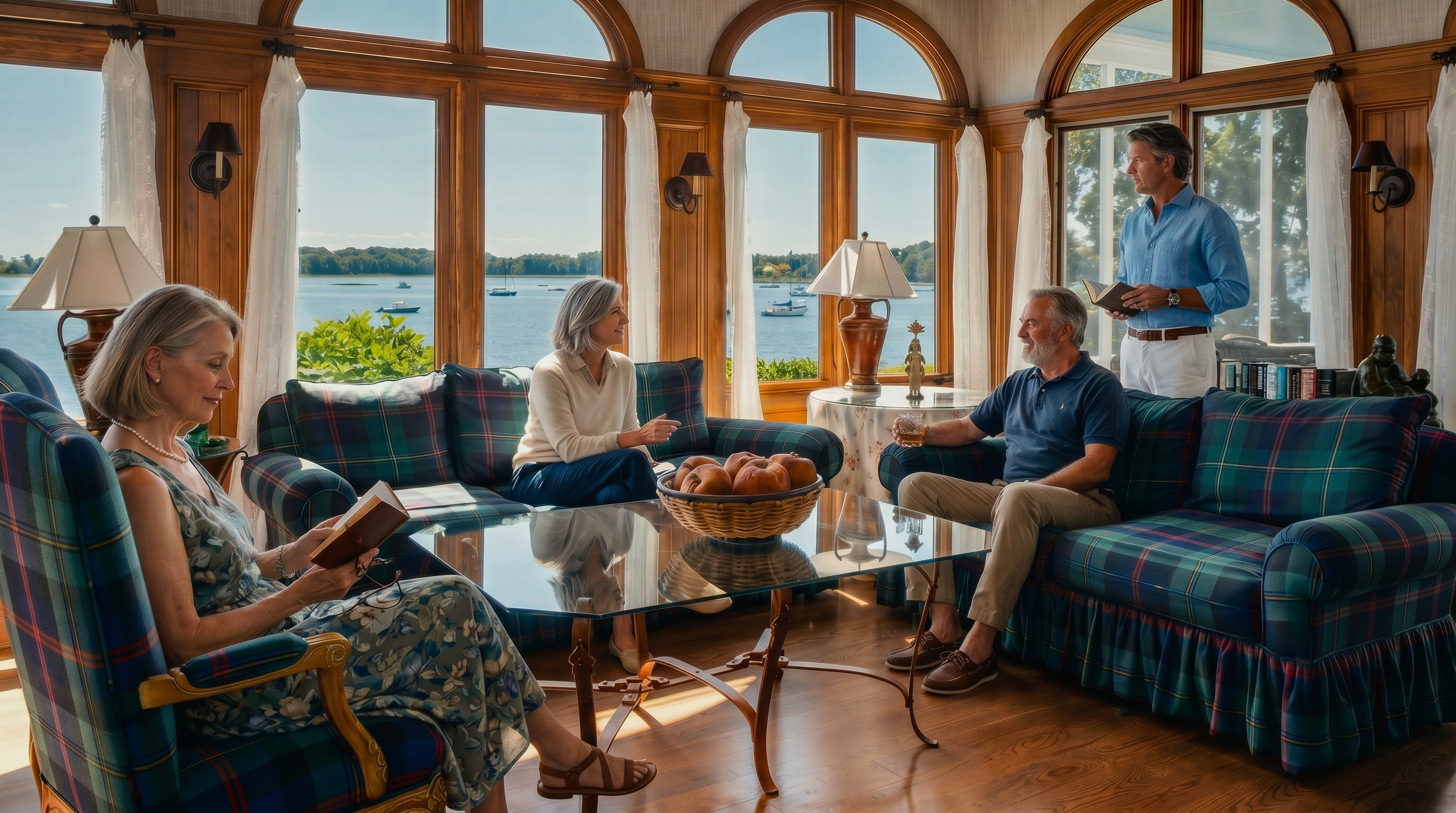 This sun-drenched room features a classic, traditional aesthetic with plaid-upholstered seating and warm wood trim surrounding large, arched windows that offer expansive water views. The space is anchored by a glass-topped coffee table and a decorative patterned ceiling, creating a cozy and inviting atmosphere. The perspective is a wide-angle shot from within the room, emphasizing the seamless connection between the interior living space and the scenic outdoor landscape.