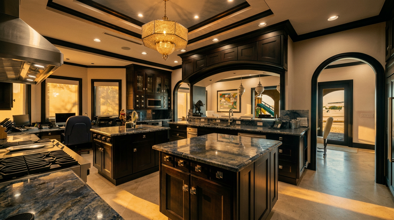This expansive, high-end kitchen features dark cabinetry contrasted by striking blue-toned stone countertops and a large central island. The space is defined by a coffered ceiling with recessed lighting and a decorative chandelier, while an arched opening leads to an adjacent room. The layout includes a dedicated workspace area with a desk and computer, blending culinary functionality with a home office setup.