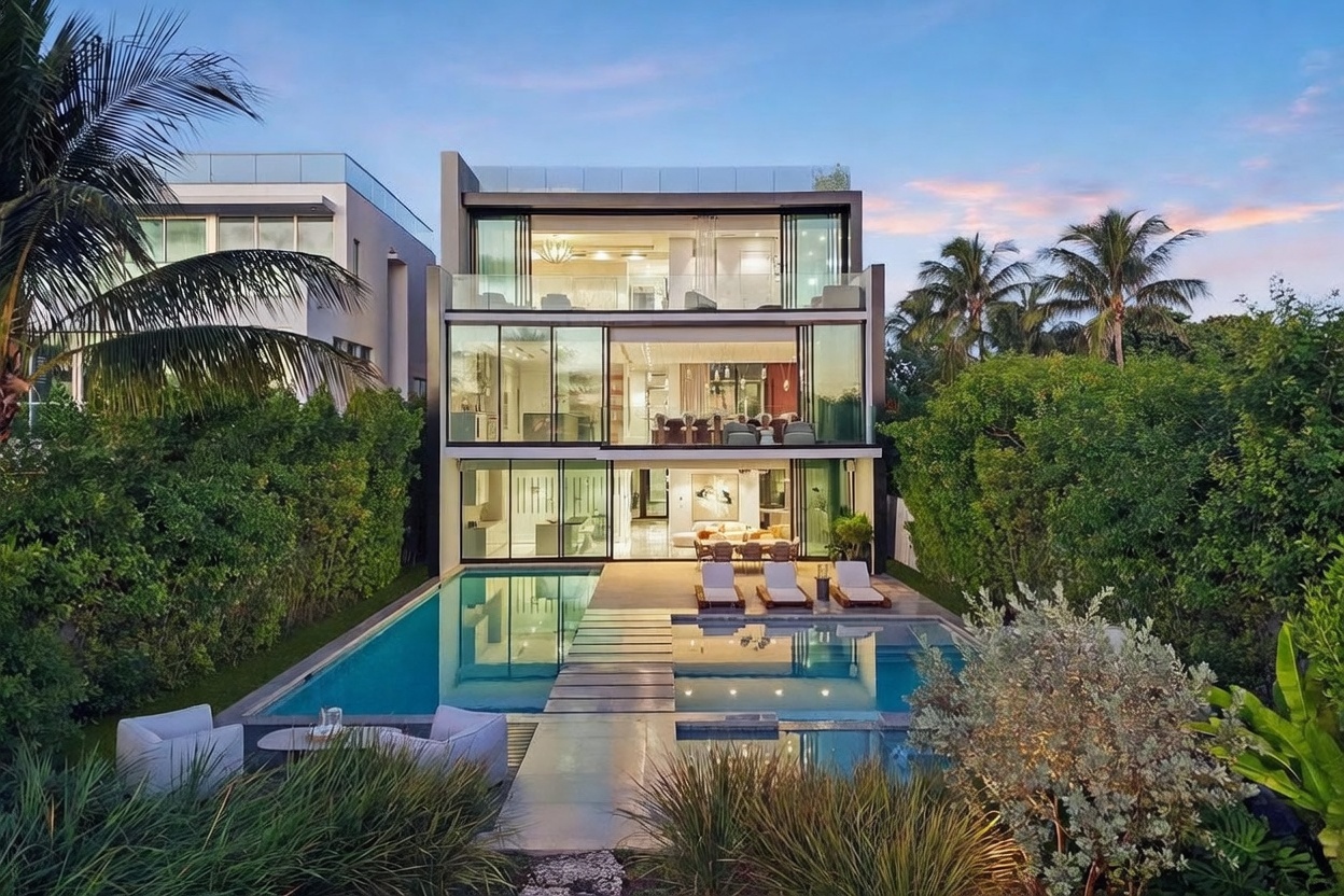 This modern, three-story luxury residence features a striking glass-heavy facade that offers an unobstructed view into the interior living spaces. A central stone walkway crosses over a rectangular swimming pool, leading directly to the ground-floor patio area furnished with lounge chairs. The property is framed by lush, mature landscaping and palm trees, creating a private and serene tropical atmosphere at dusk.