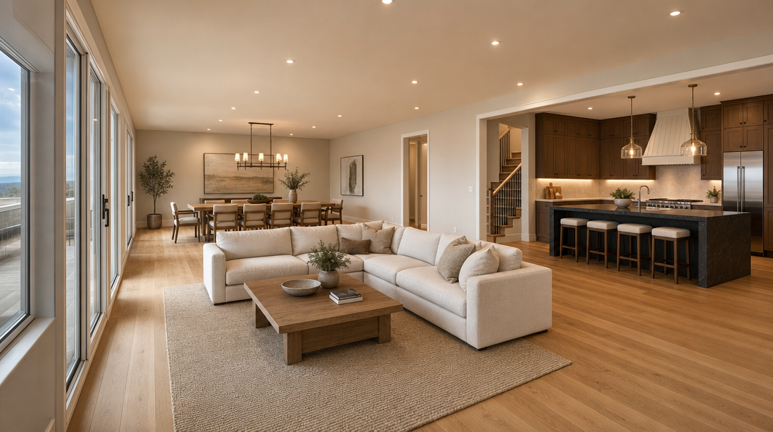 This spacious, open-concept living area features a large, light-colored sectional sofa centered around a minimalist wood coffee table. The home boasts hardwood flooring throughout, a seamless transition to a modern kitchen with a dark marble-topped island, and a formal dining area illuminated by a classic chandelier. Large floor-to-ceiling windows fill the space with natural light, creating a bright and airy atmosphere perfect for modern family living.
