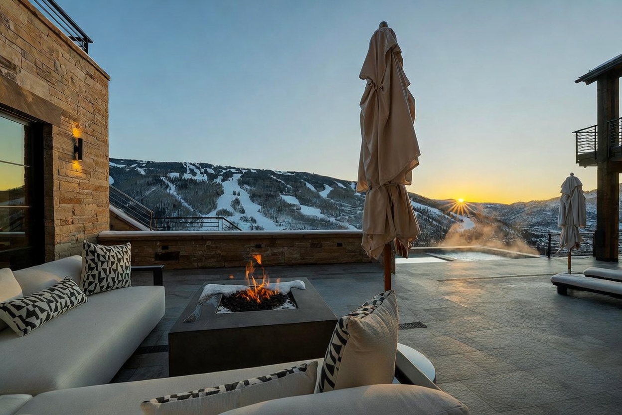 This expansive outdoor terrace offers a luxurious setting with a modern fire pit, comfortable lounge seating, and a steaming hot tub overlooking a breathtaking mountain ski resort at sunset. The stone-tiled deck provides a seamless transition between the indoor living space and the dramatic, snow-dusted slopes in the distance. The scene is captured from a low-angle perspective, emphasizing the vastness of the horizon and the serene, high-end atmosphere of the property.